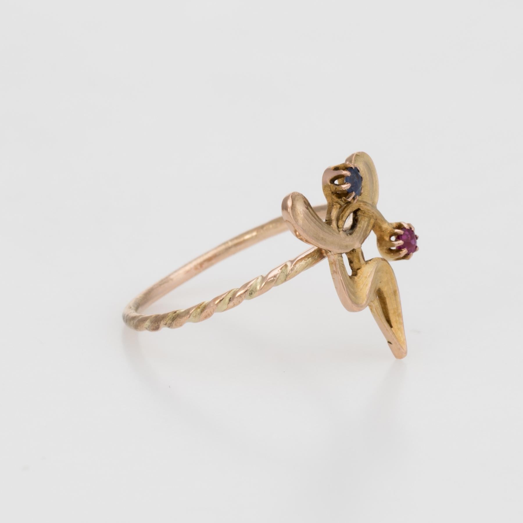 Antique Art Nouveau Abstract Conversion Ring Ruby Sapphire 14 Karat Yellow Gold In Excellent Condition In Torrance, CA