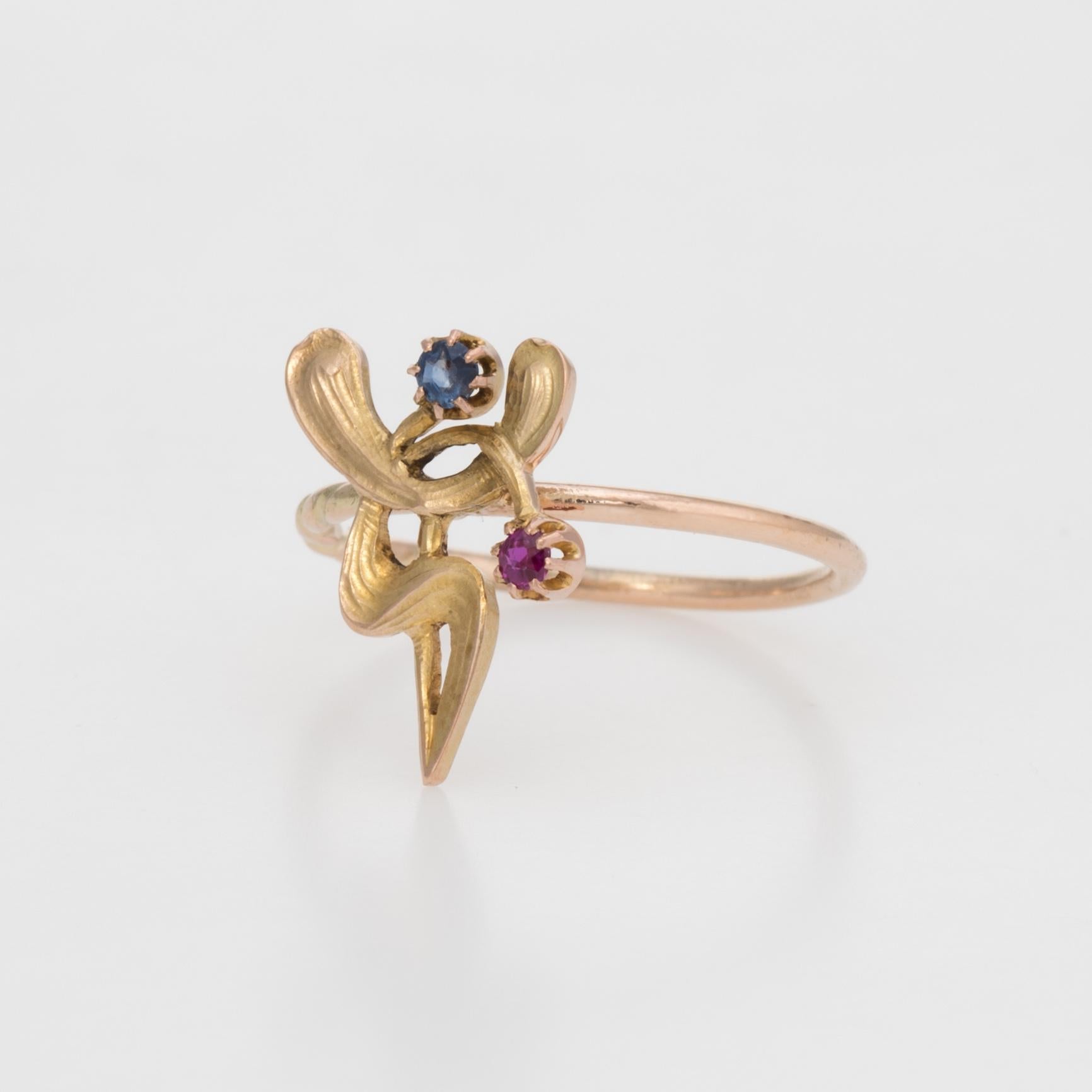 Women's Antique Art Nouveau Abstract Conversion Ring Ruby Sapphire 14 Karat Yellow Gold
