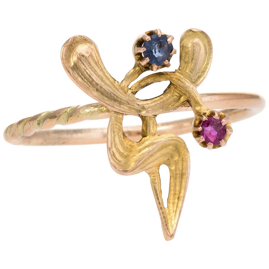 Antique Art Nouveau Abstract Conversion Ring Ruby Sapphire 14 Karat Yellow Gold