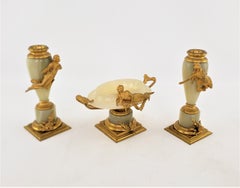 Antique Art Nouveau Onyx Garniture Set with Gilt Bronze Nude Female Accents