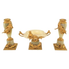 Antique Art Nouveau Onyx Garniture Set with Gilt Bronze Nude Female Accents