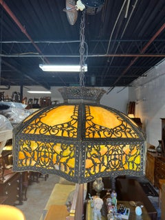 Antique Art Nouveau Amber Green Slag Glass Hanging Lamp c. 1920