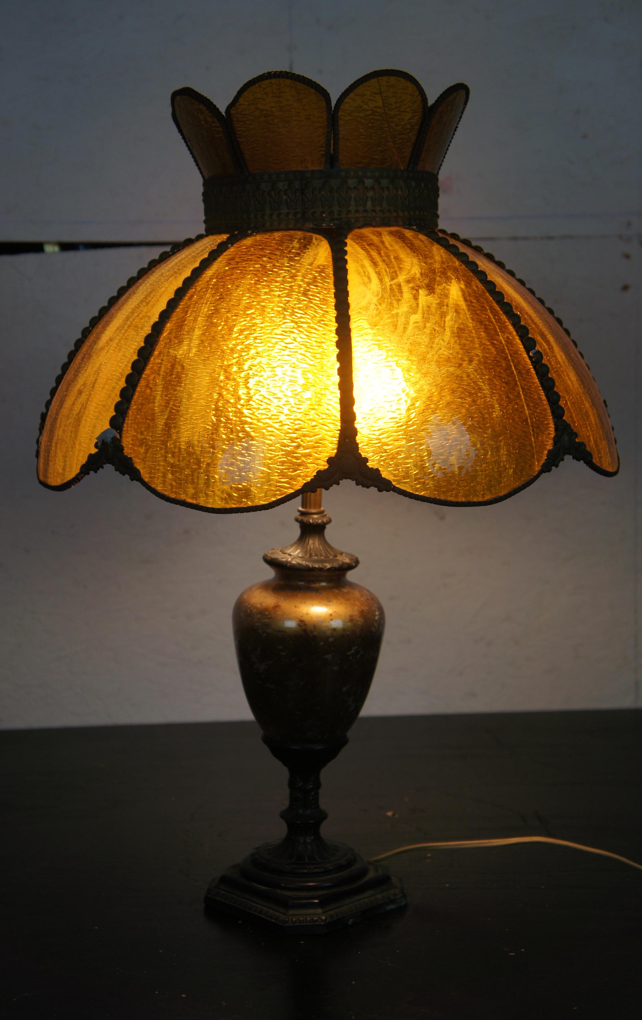 Antique Art Nouveau Amber Slag Glass Lamp Tiffany Style Boudoir Deco Stained 1