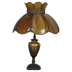 Antique Art Nouveau Amber Slag Glass Lamp Tiffany Style Boudoir Deco Stained