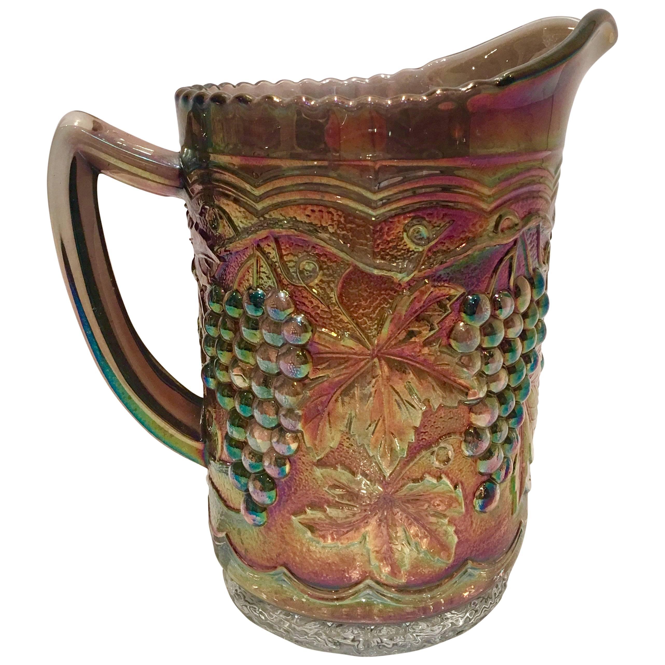 Antique Art Nouveau American Art Glass Iridescent Raised "Grapes" Pitcher For Sale