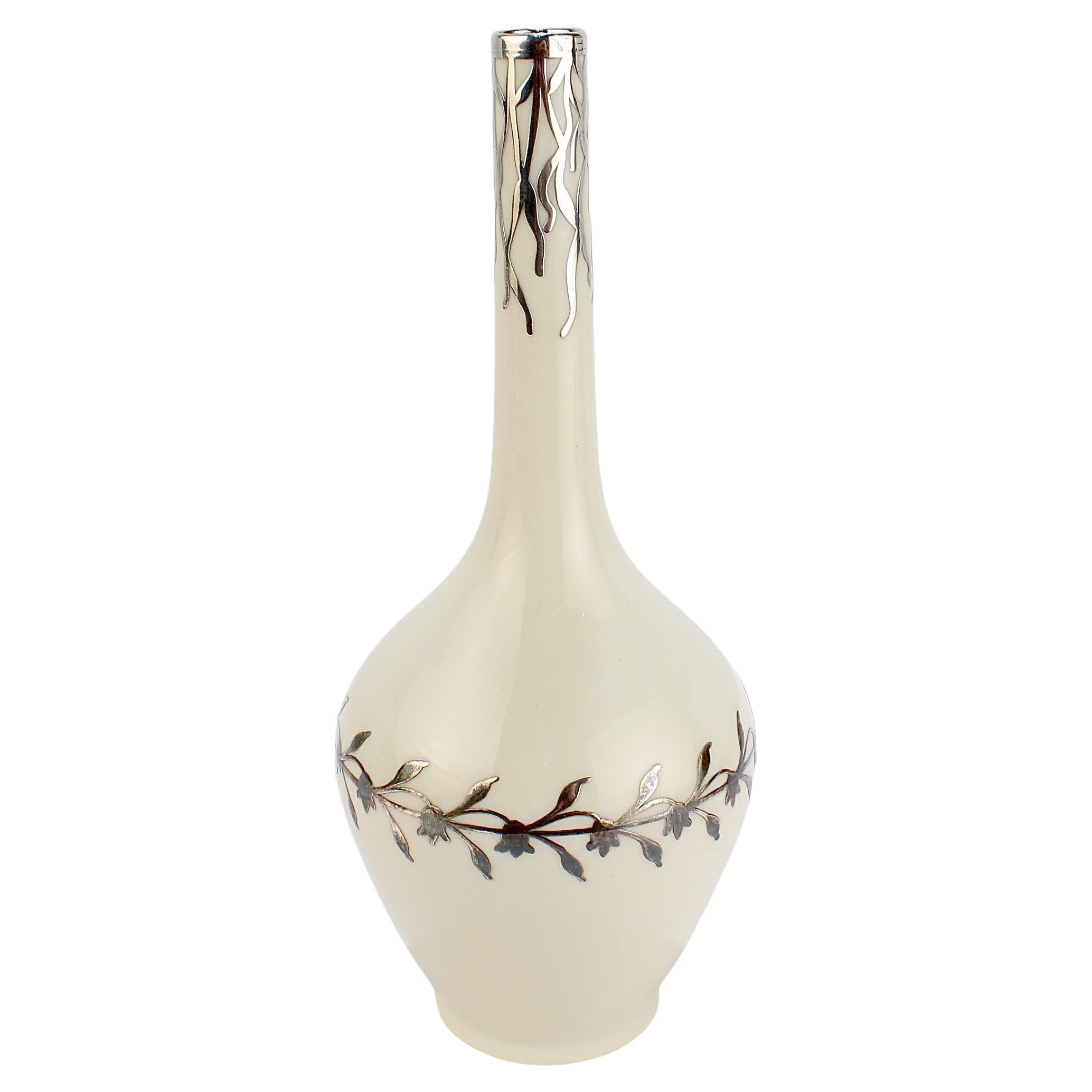 Antique Art Nouveau American Belleek CAC Lenox Silver Overlay Porcelain Vase For Sale