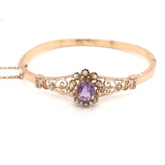 Antique Art Nouveau Amethyst and Pearl Bangle Bracelet