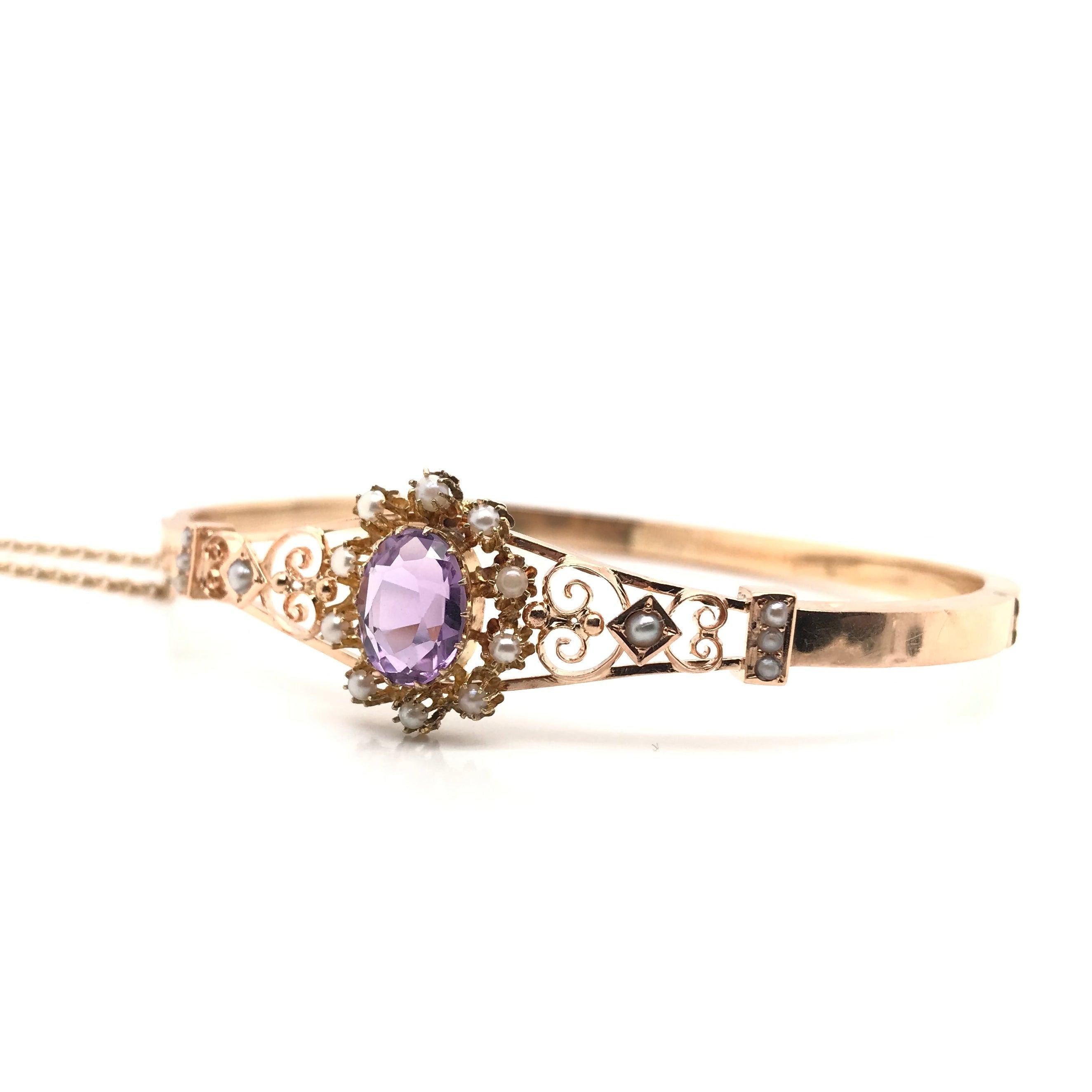 Antique Art Nouveau Amethyst and Pearl Bangle Bracelet In Good Condition In Montgomery, AL