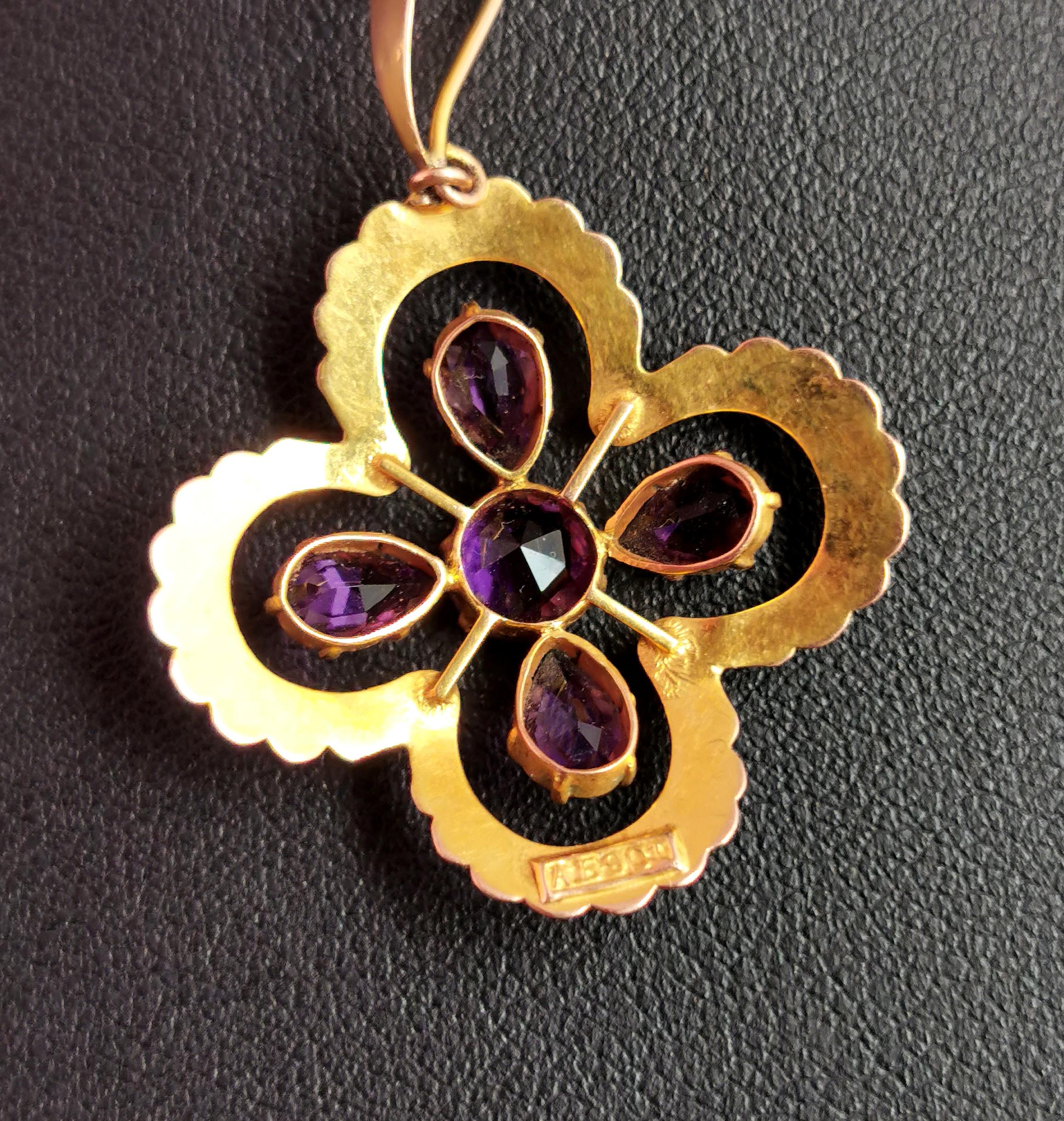 Antique Art Nouveau Amethyst and Pearl Pendant, 9k Gold, Quatrefoil Floral For Sale 9