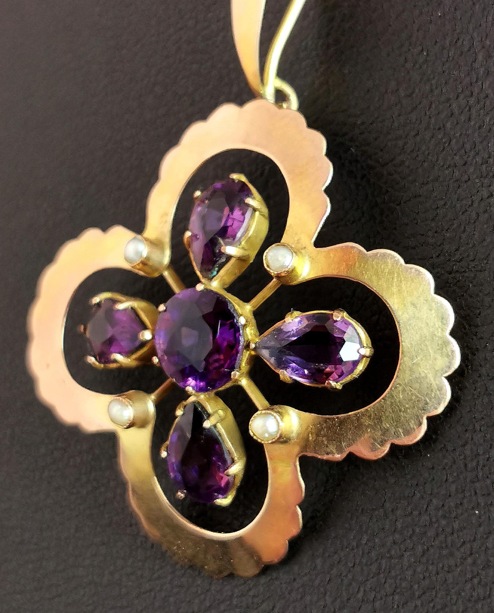 Pear Cut Antique Art Nouveau Amethyst and Pearl Pendant, 9k Gold, Quatrefoil Floral For Sale