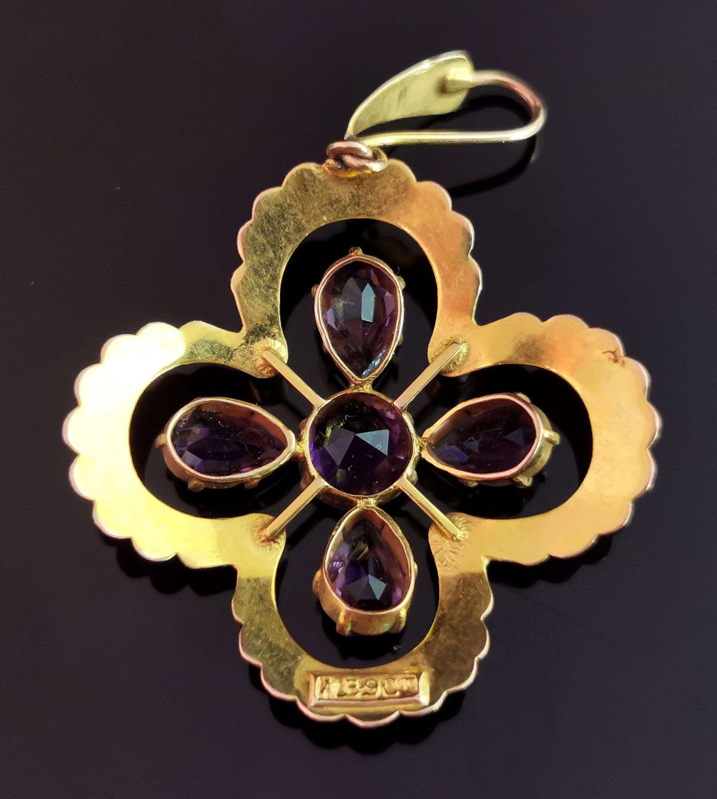 Antique Art Nouveau Amethyst and Pearl Pendant, 9k Gold, Quatrefoil Floral For Sale 2