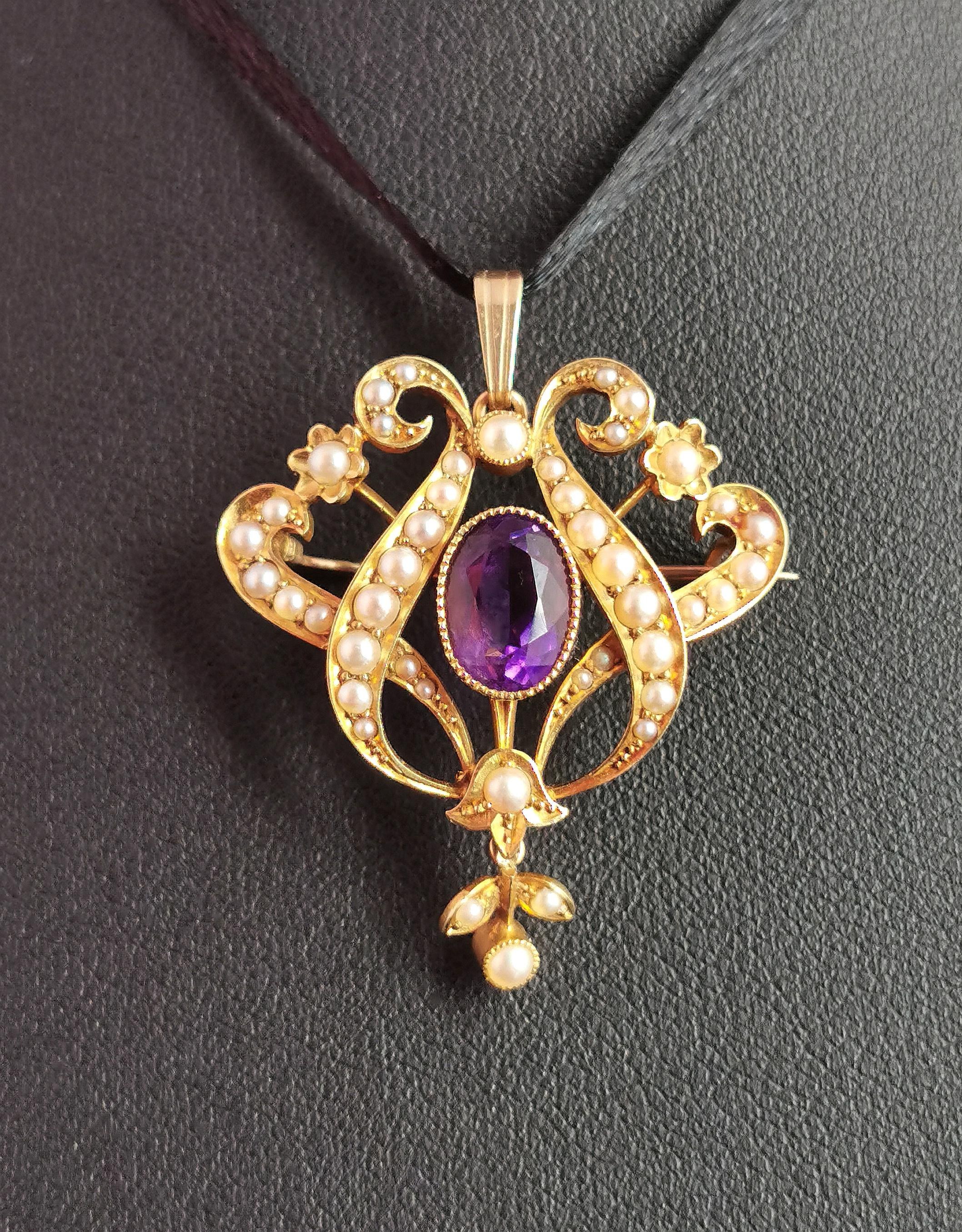 Antique Art Nouveau Amethyst and Pearl Pendant Brooch, 15kt Yellow Gold 5