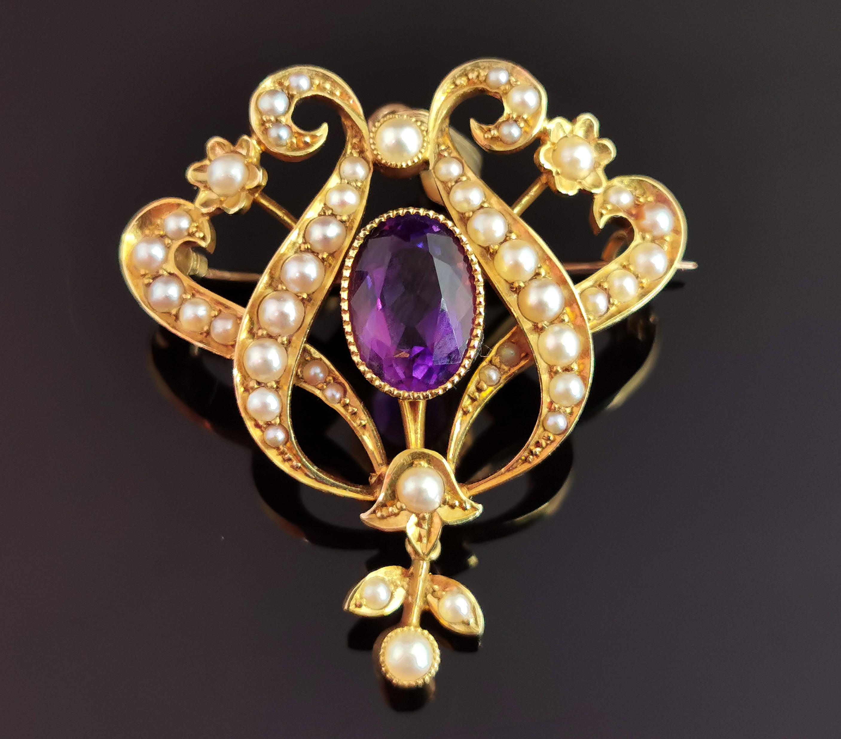 Antique Art Nouveau Amethyst and Pearl Pendant Brooch, 15kt Yellow Gold 8