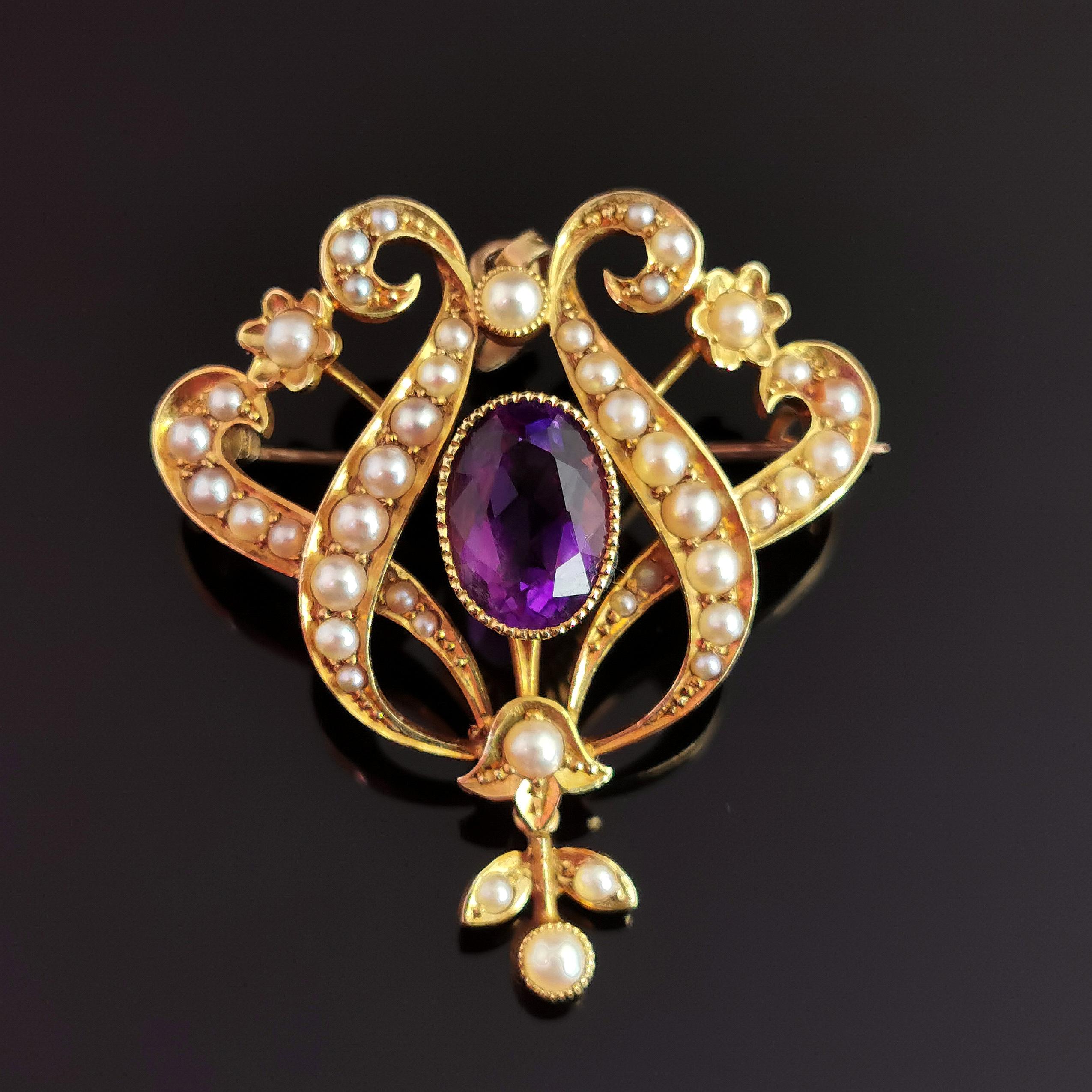 Antique Art Nouveau Amethyst and Pearl Pendant Brooch, 15kt Yellow Gold 11