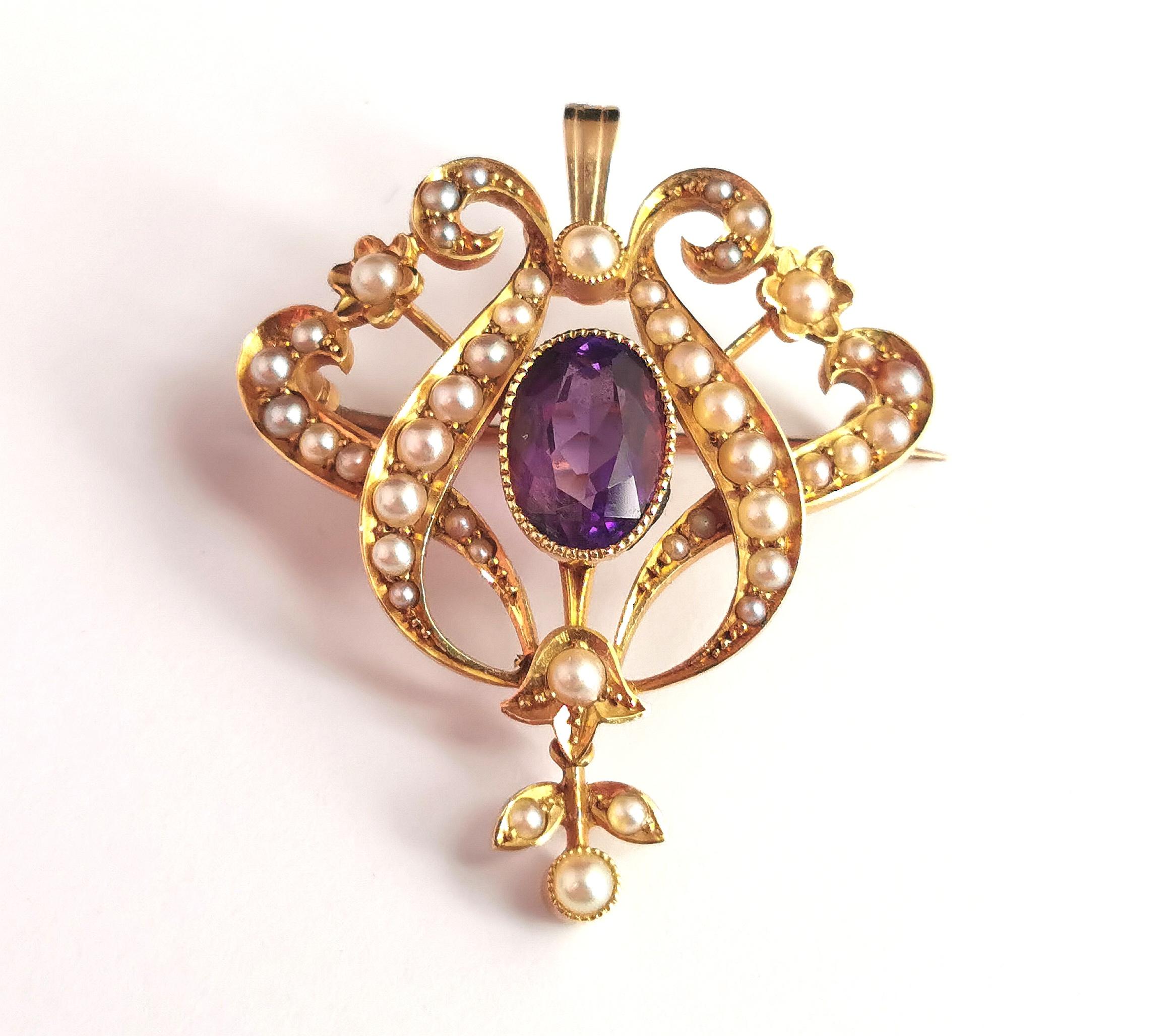 Antique Art Nouveau Amethyst and Pearl Pendant Brooch, 15kt Yellow Gold 12