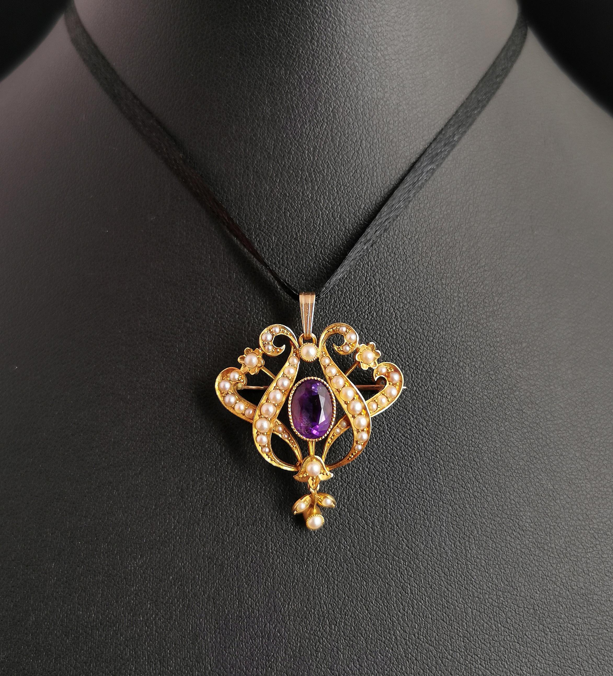 Antique Art Nouveau Amethyst and Pearl Pendant Brooch, 15kt Yellow Gold 1