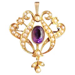 Antique Art Nouveau Amethyst and Pearl Pendant Brooch, 15kt Yellow Gold