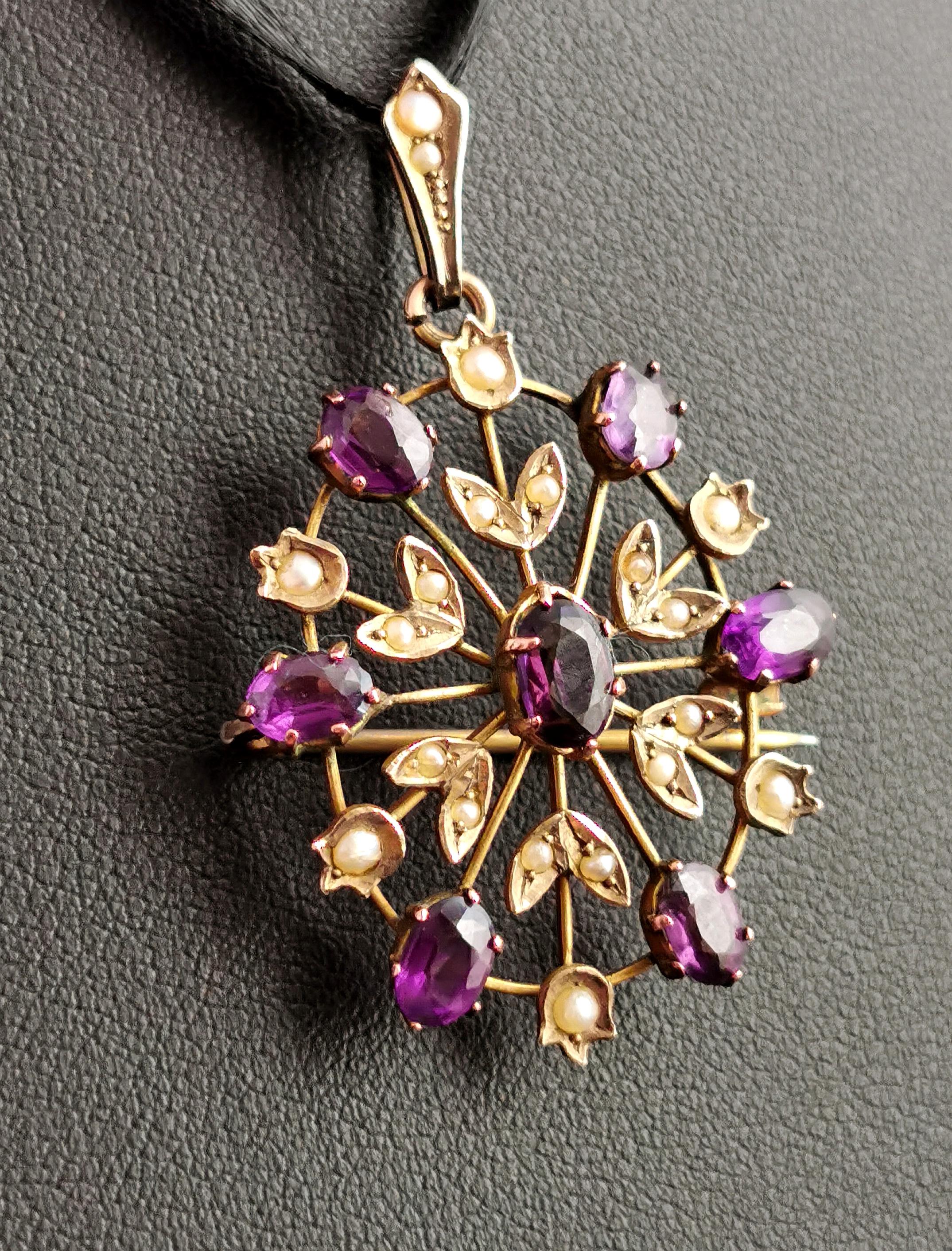 Antique Art Nouveau Amethyst and Pearl Pendant Brooch, Floral Starburst, 9k Gold 1