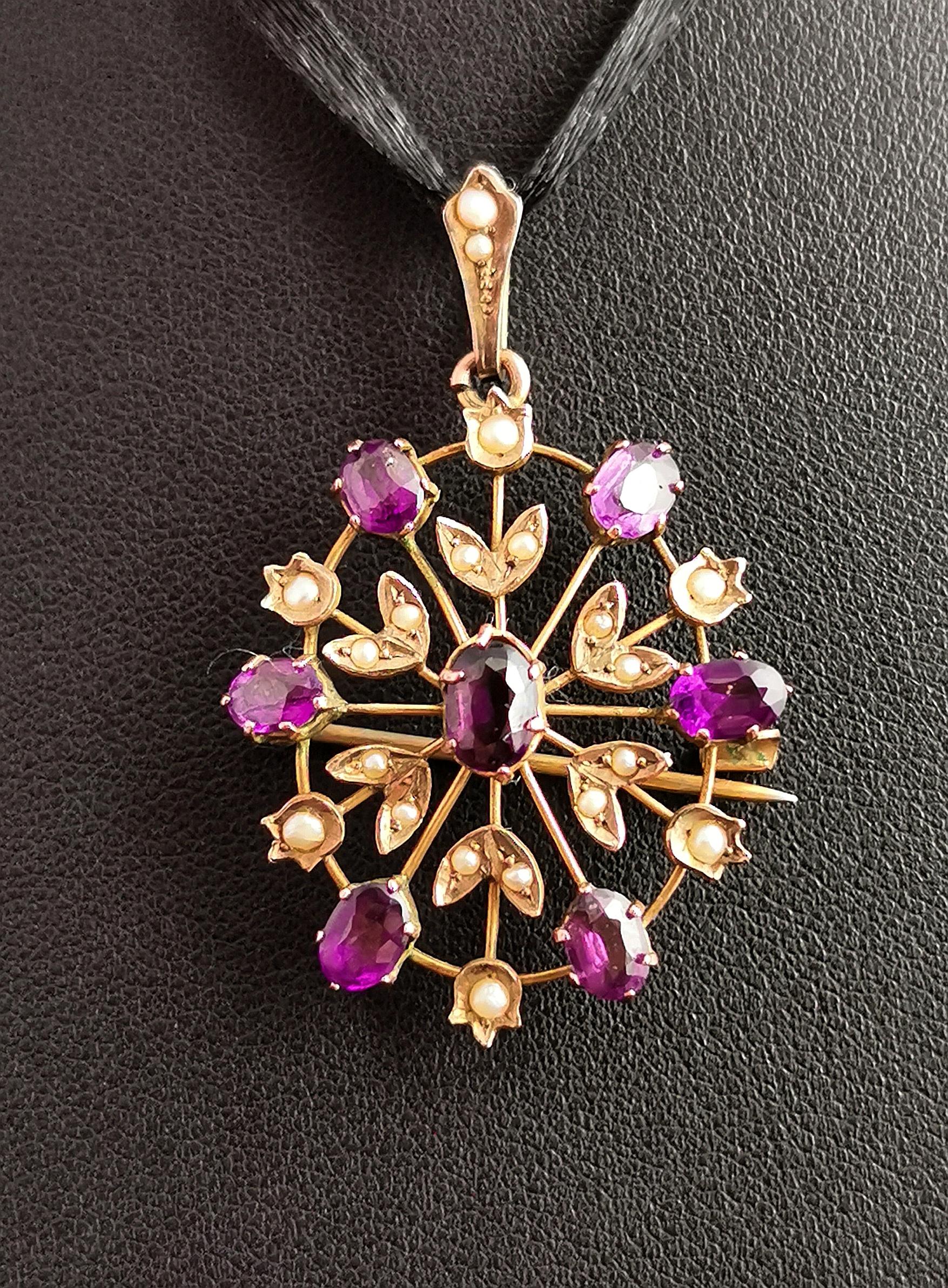 Antique Art Nouveau Amethyst and Pearl Pendant Brooch, Floral Starburst, 9k Gold 2
