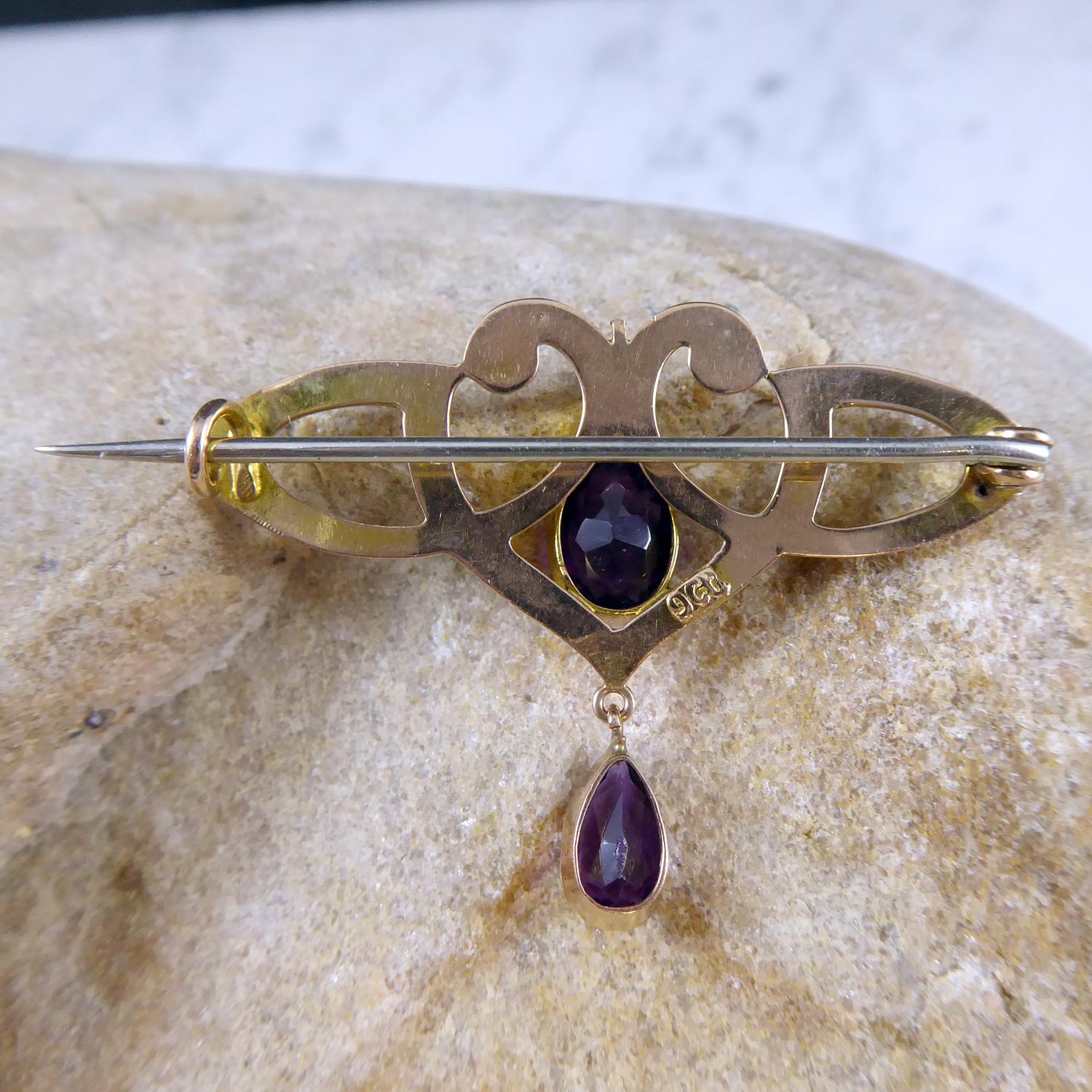 Antique Art Nouveau Amethyst and Rose Gold Brooch 1