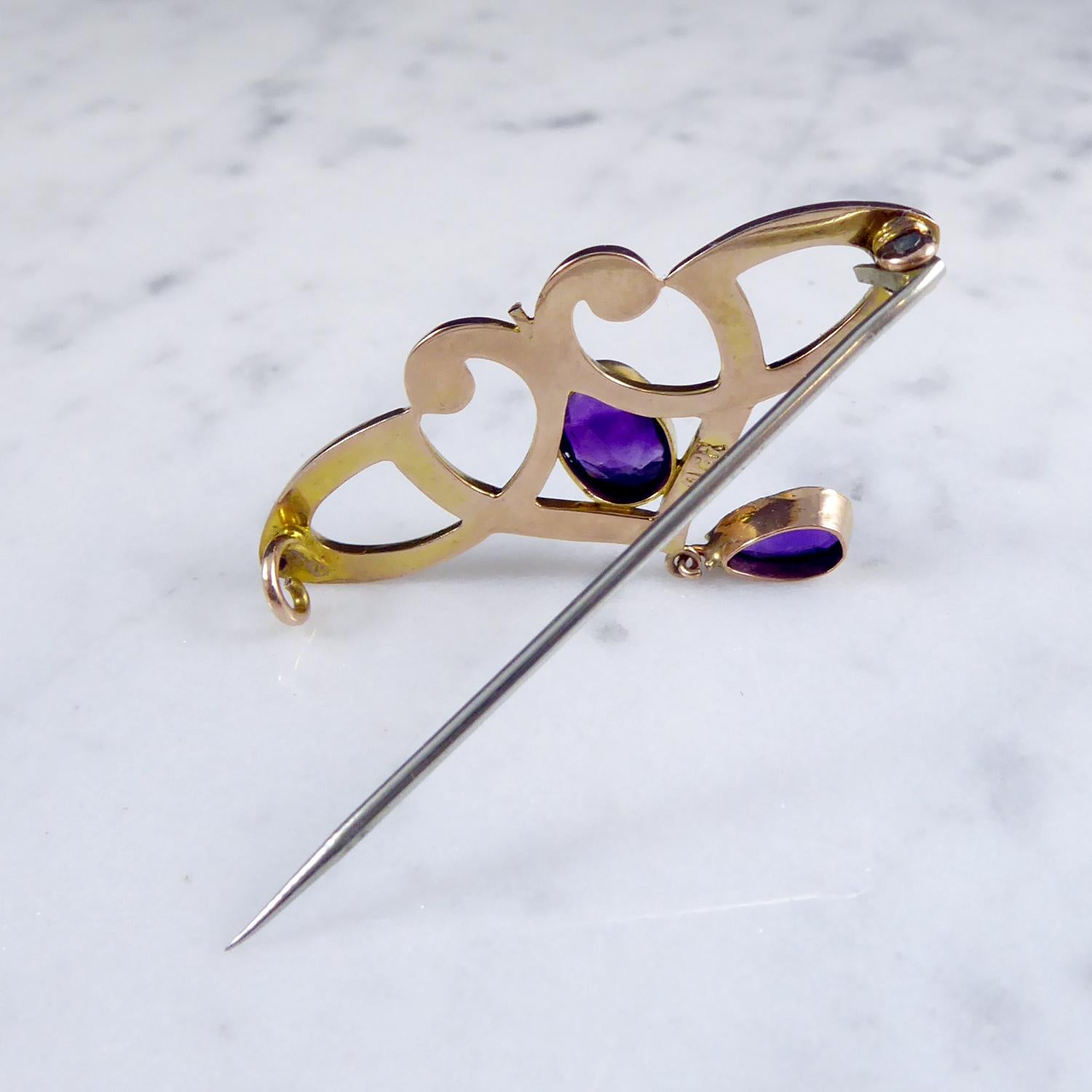 Antique Art Nouveau Amethyst and Rose Gold Brooch 3