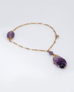 Antique Art Nouveau Amethyst Charm Bracelet 14k Yellow Gold 8" Vintage Jewelry
