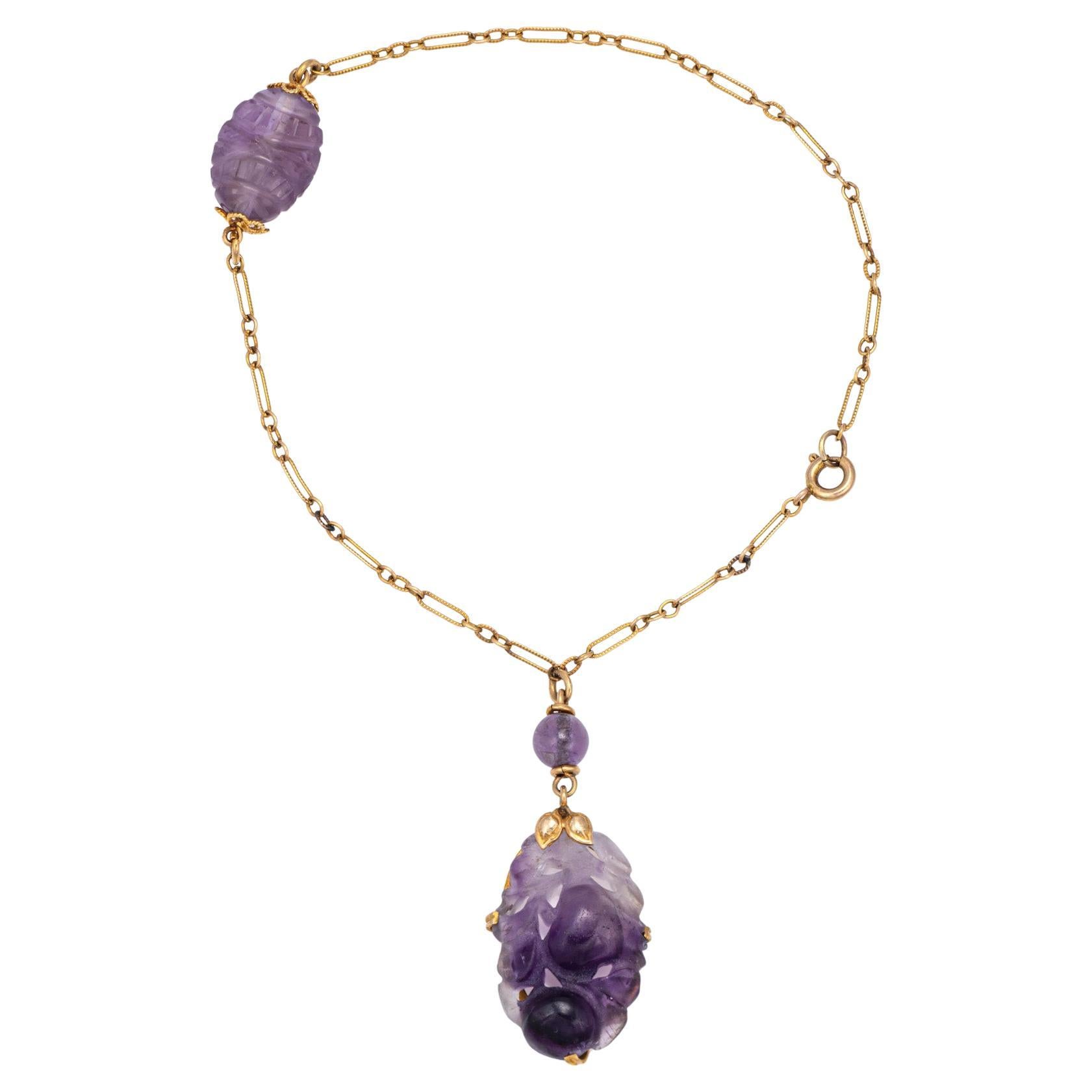 Antique Art Nouveau Amethyst Charm Bracelet 14k Yellow Gold 8" Vintage Jewelry