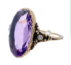 Antique Art Nouveau Amethyst Cabochon Diamond 14 Karat Gold Ring