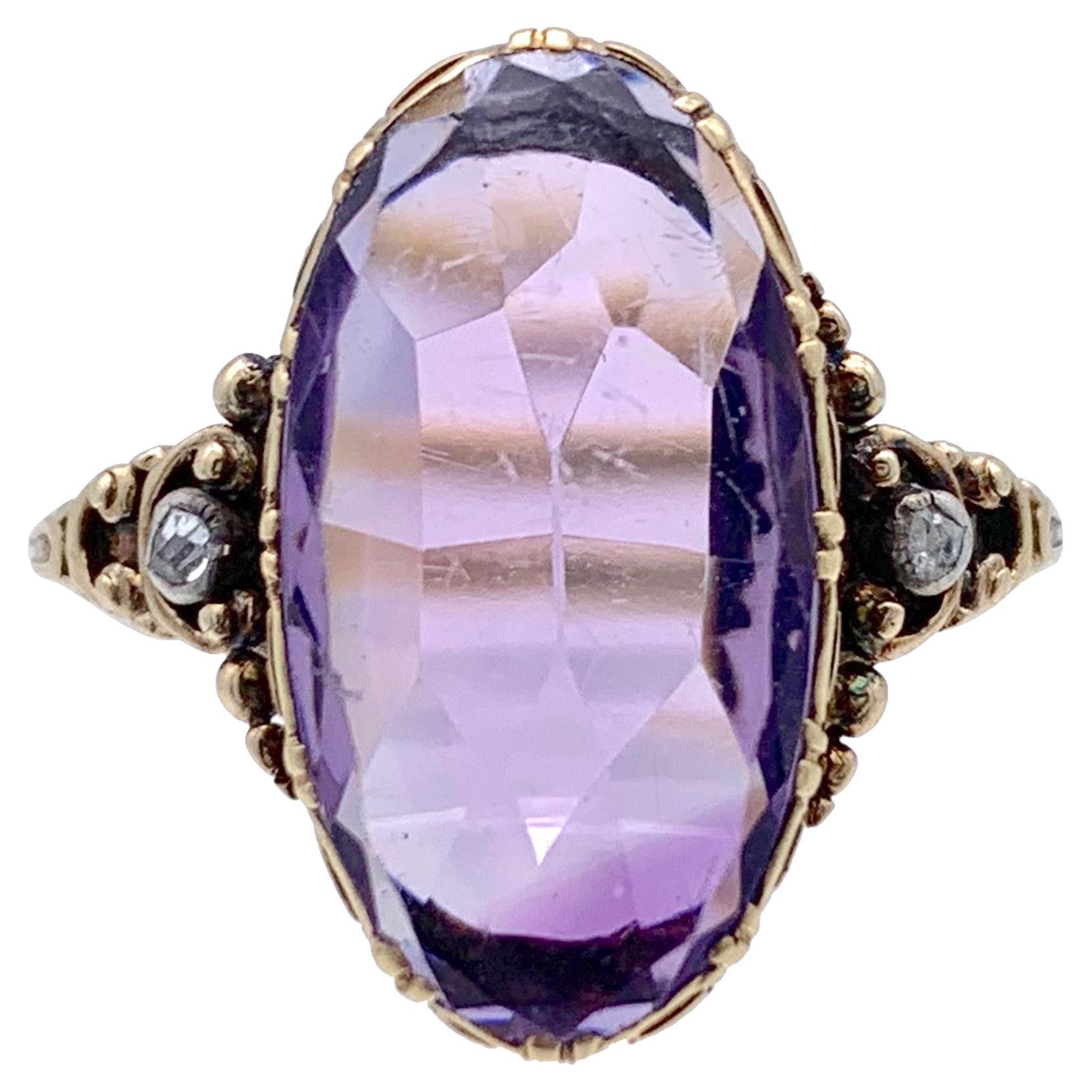 Antique Art Nouveau Amethyst Cabochon Diamond 14 Karat Gold Ring For Sale