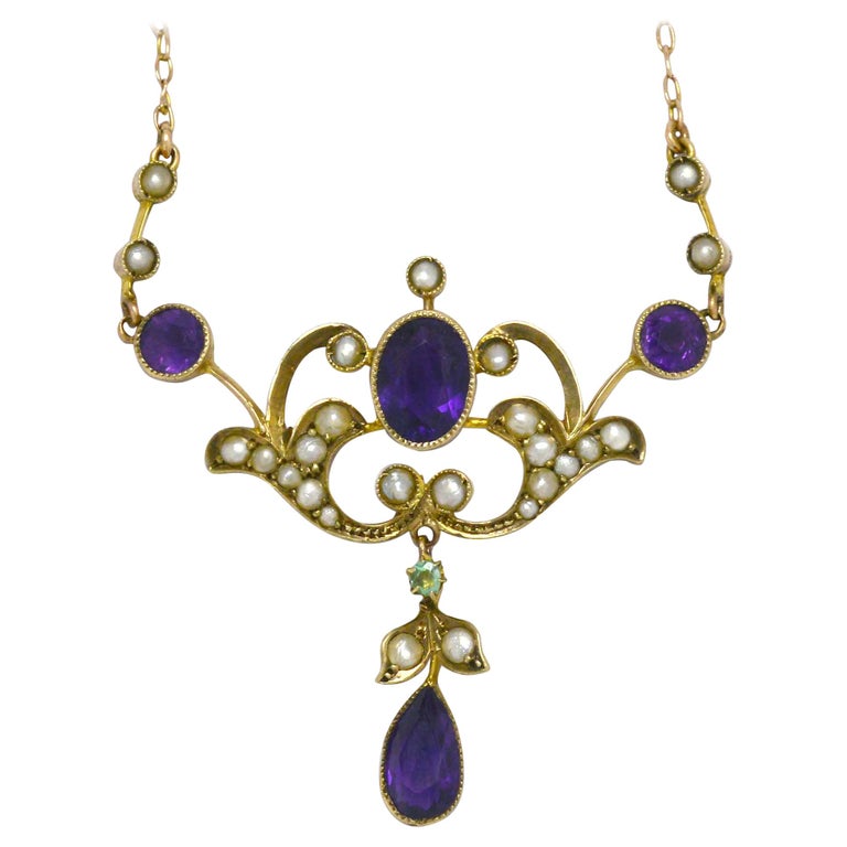 Antique Art Nouveau Amethyst Seed Pearl Lavalier Drop Necklace Rose ...