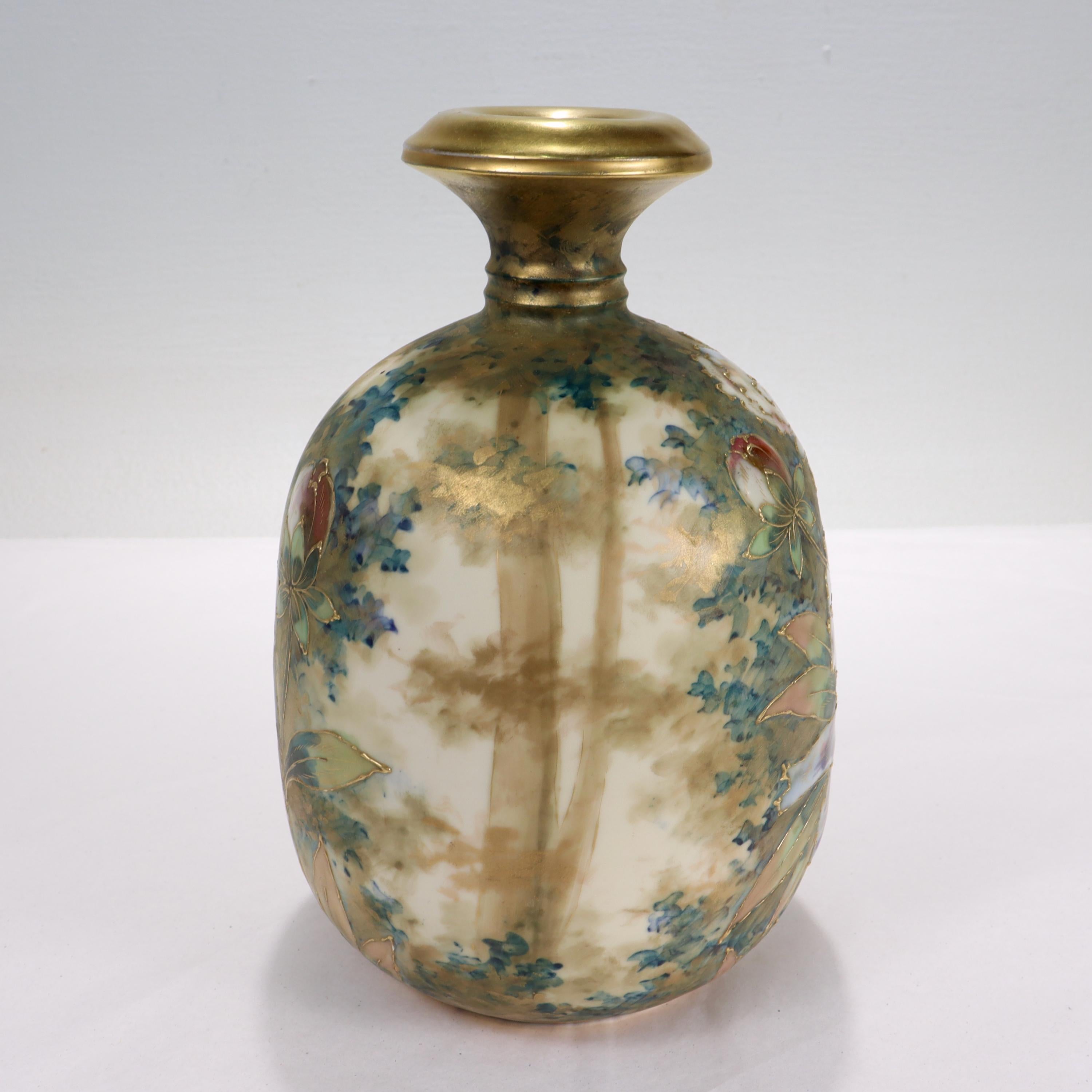 Antique Art Nouveau Amphora Pottery Vase with Matte & Enamel Peony Flowers For Sale 4