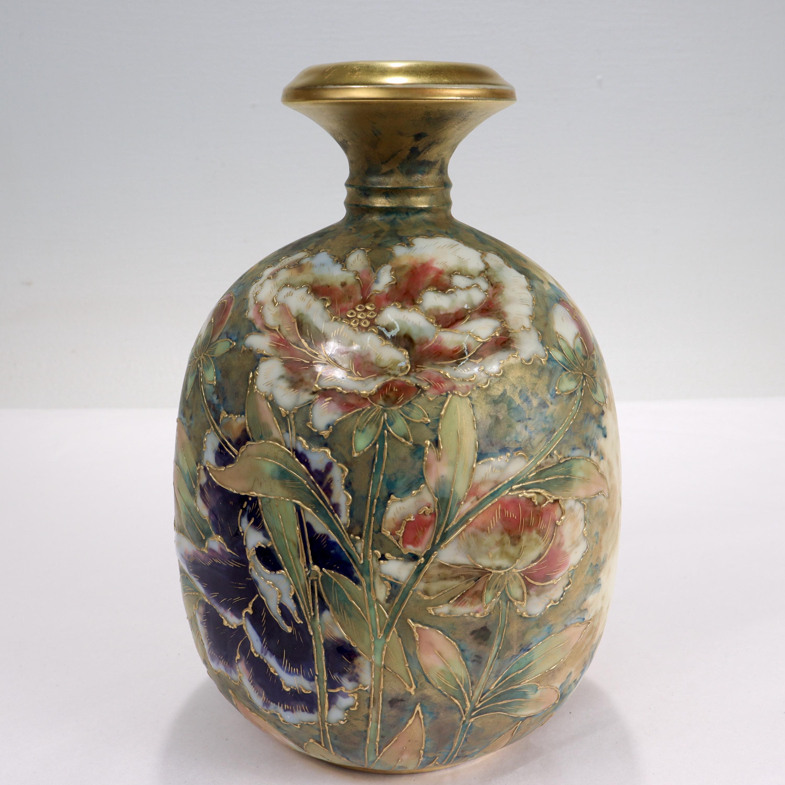 Antique Art Nouveau Amphora Pottery Vase with Matte & Enamel Peony Flowers For Sale 6