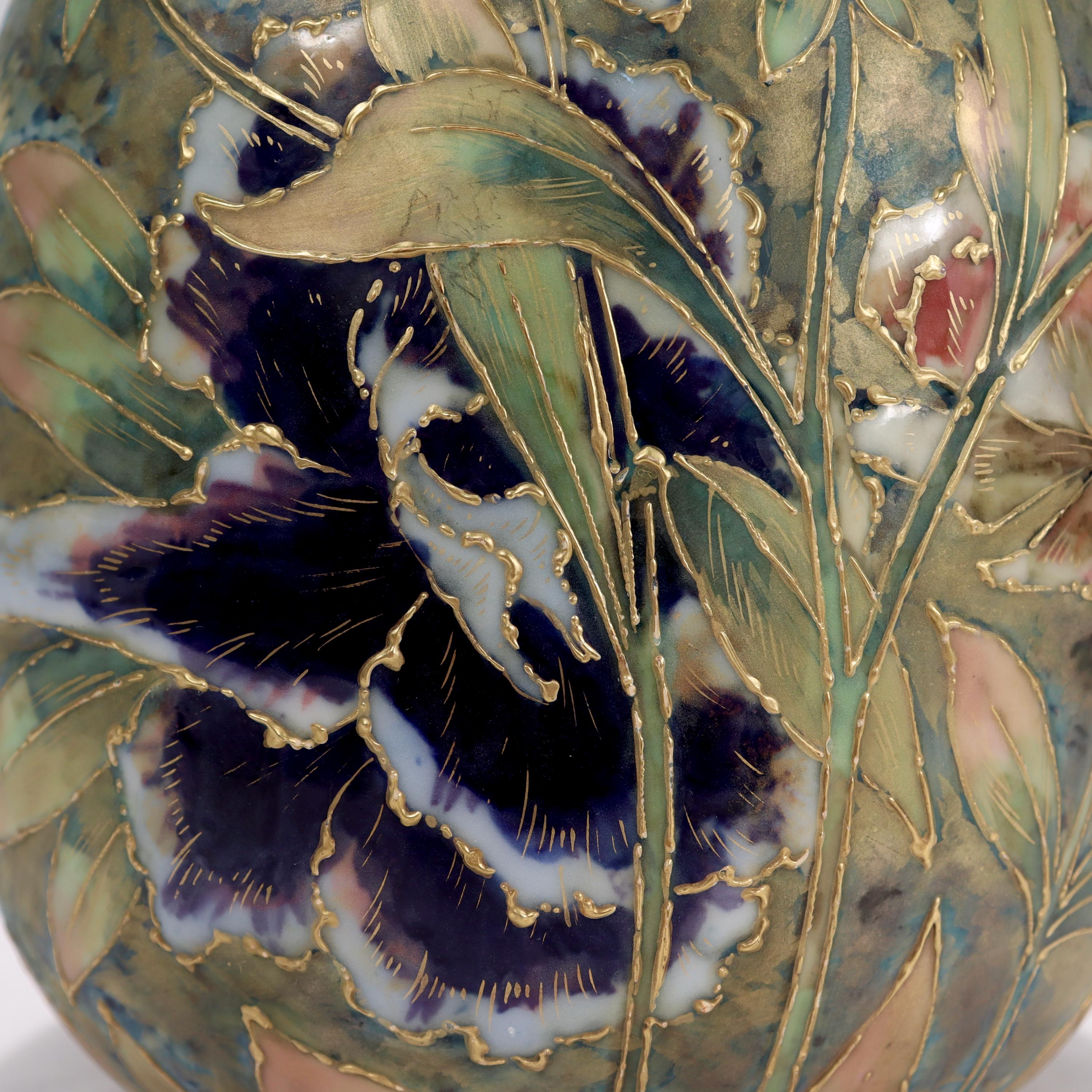 Antique Art Nouveau Amphora Pottery Vase with Matte & Enamel Peony Flowers For Sale 6