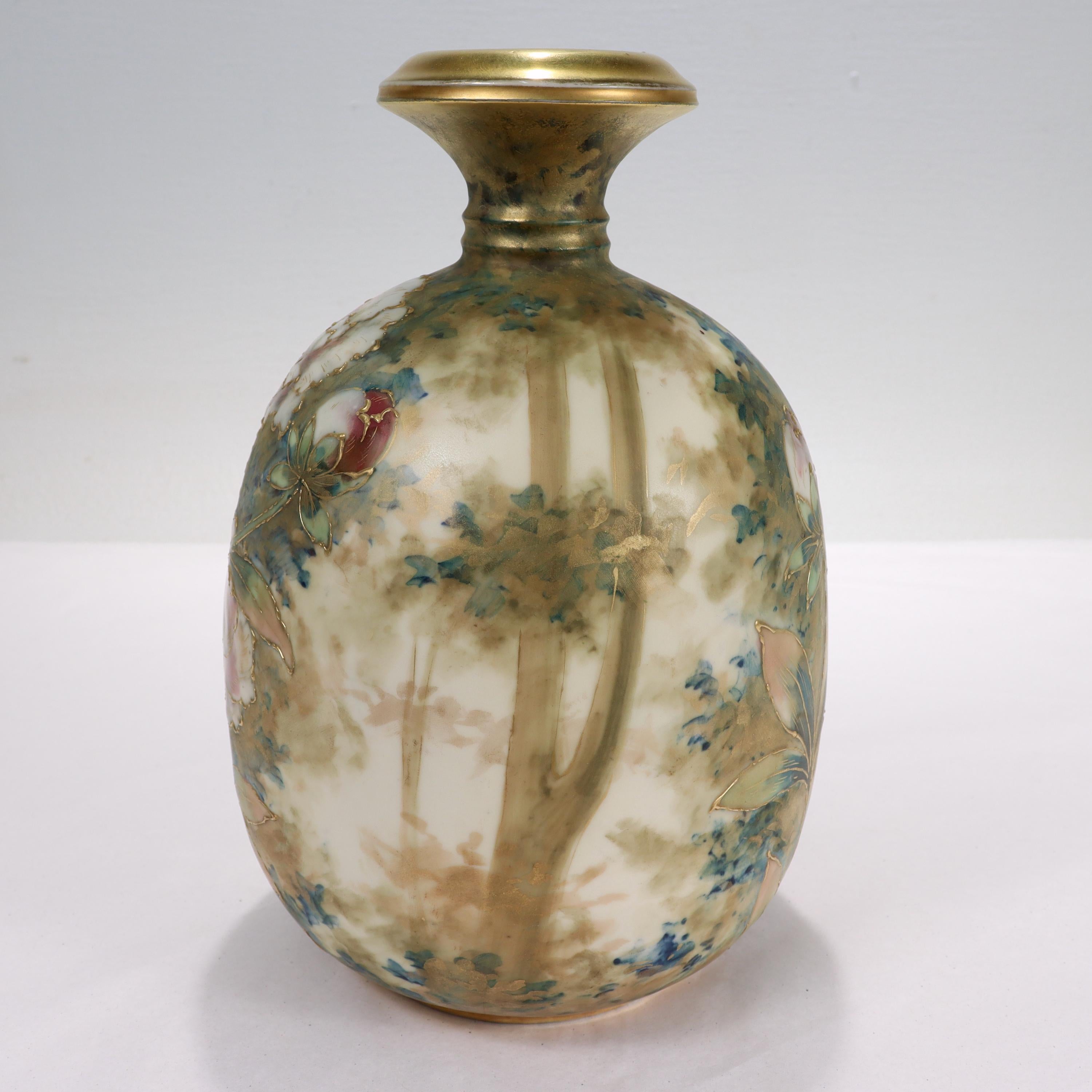 Antique Art Nouveau Amphora Pottery Vase with Matte & Enamel Peony Flowers For Sale 8