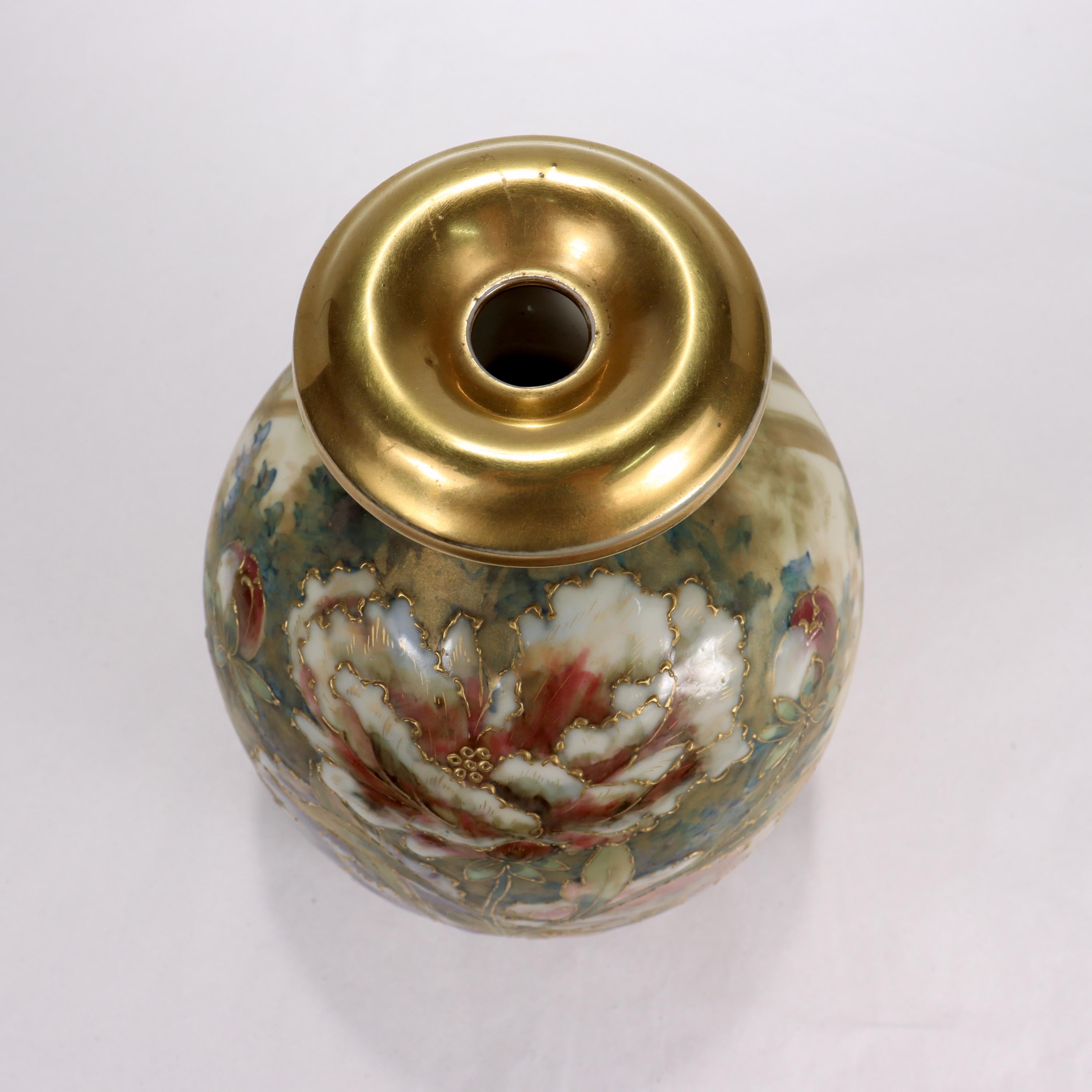 Antique Art Nouveau Amphora Pottery Vase with Matte & Enamel Peony Flowers For Sale 10