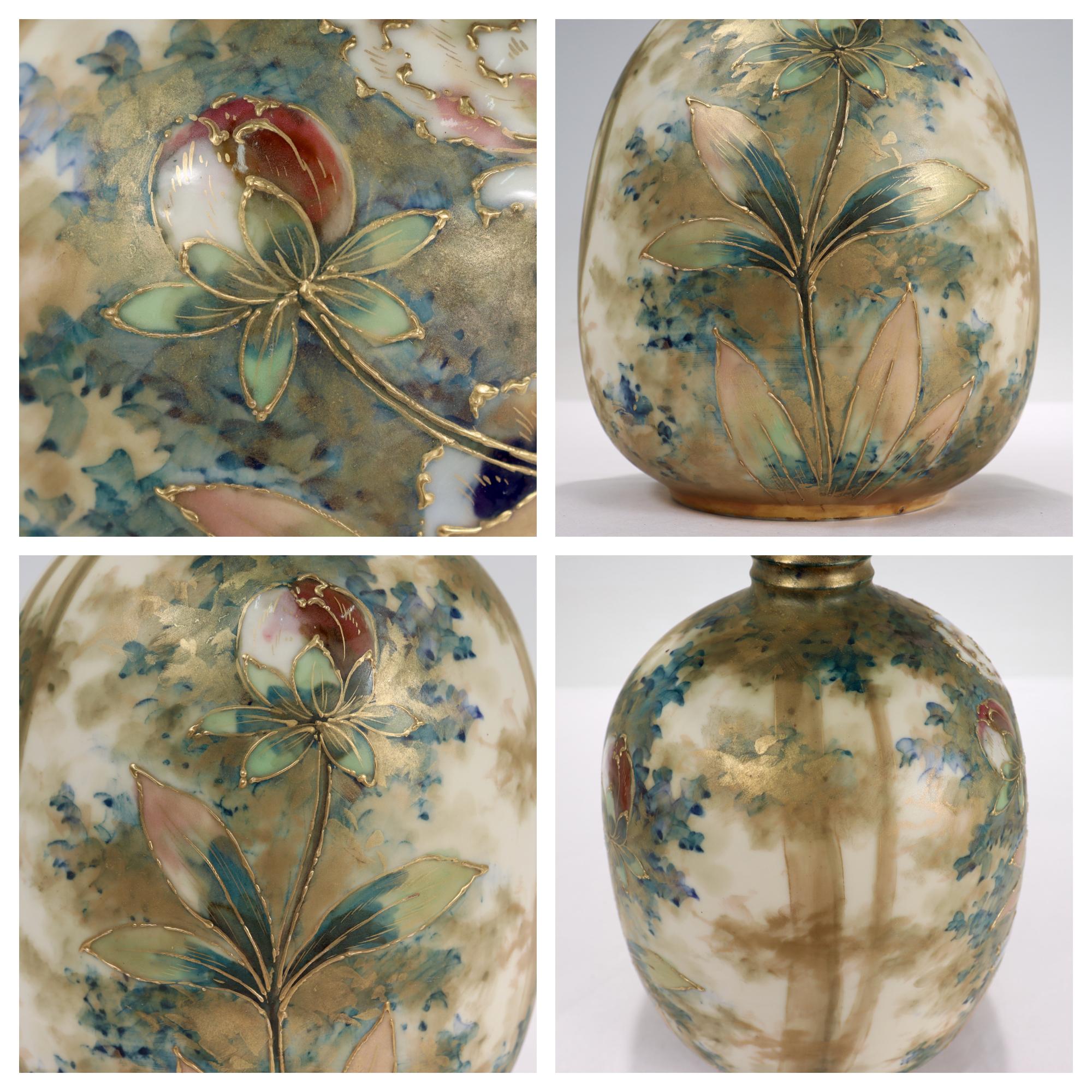 Antique Art Nouveau Amphora Pottery Vase with Matte & Enamel Peony Flowers For Sale 14