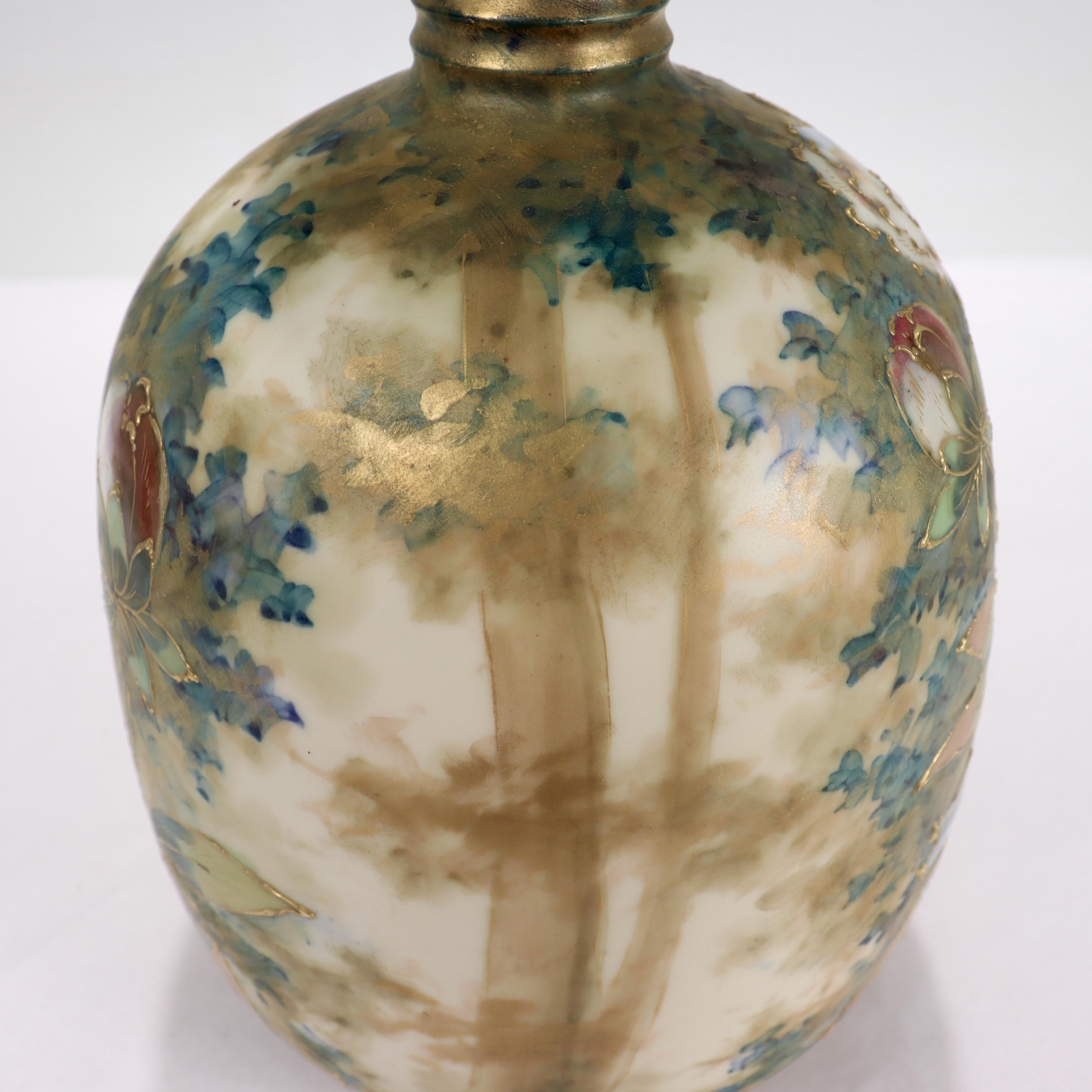 Czech Antique Art Nouveau Amphora Pottery Vase with Matte & Enamel Peony Flowers For Sale