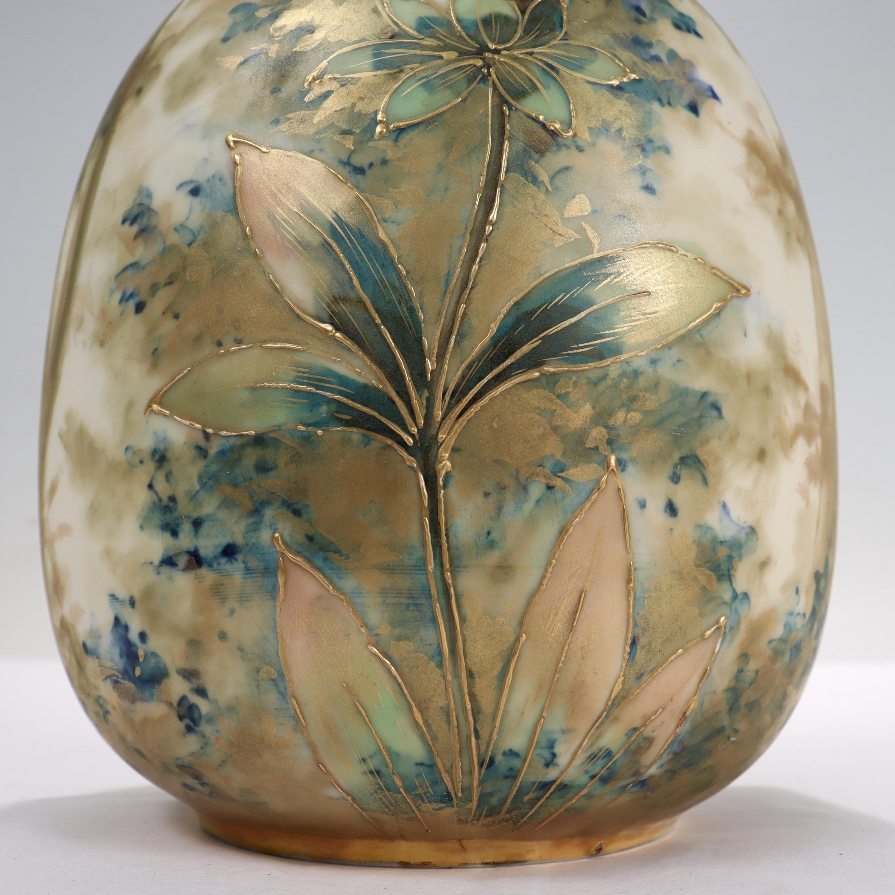20th Century Antique Art Nouveau Amphora Pottery Vase with Matte & Enamel Peony Flowers For Sale