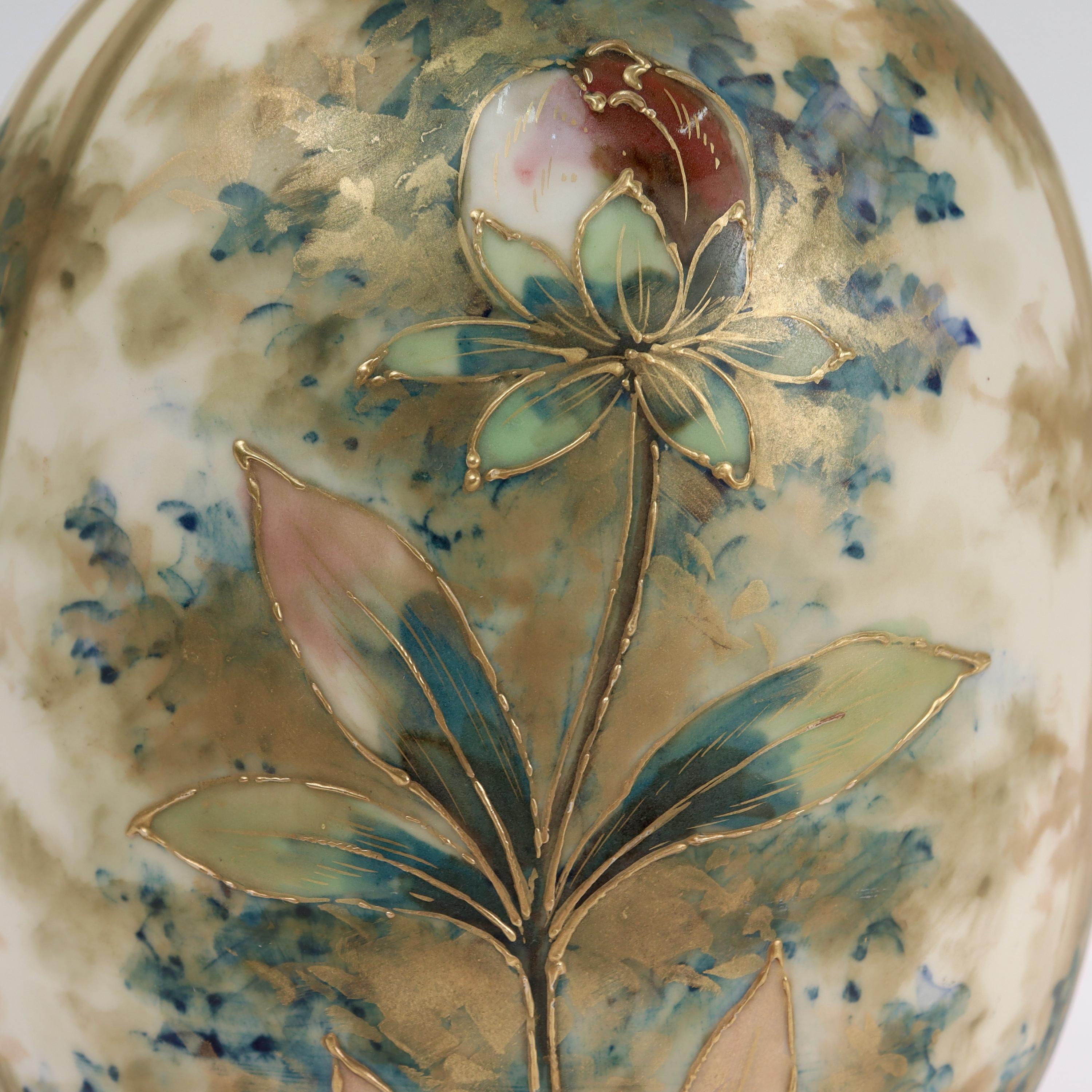 Antique Art Nouveau Amphora Pottery Vase with Matte & Enamel Peony Flowers For Sale 1