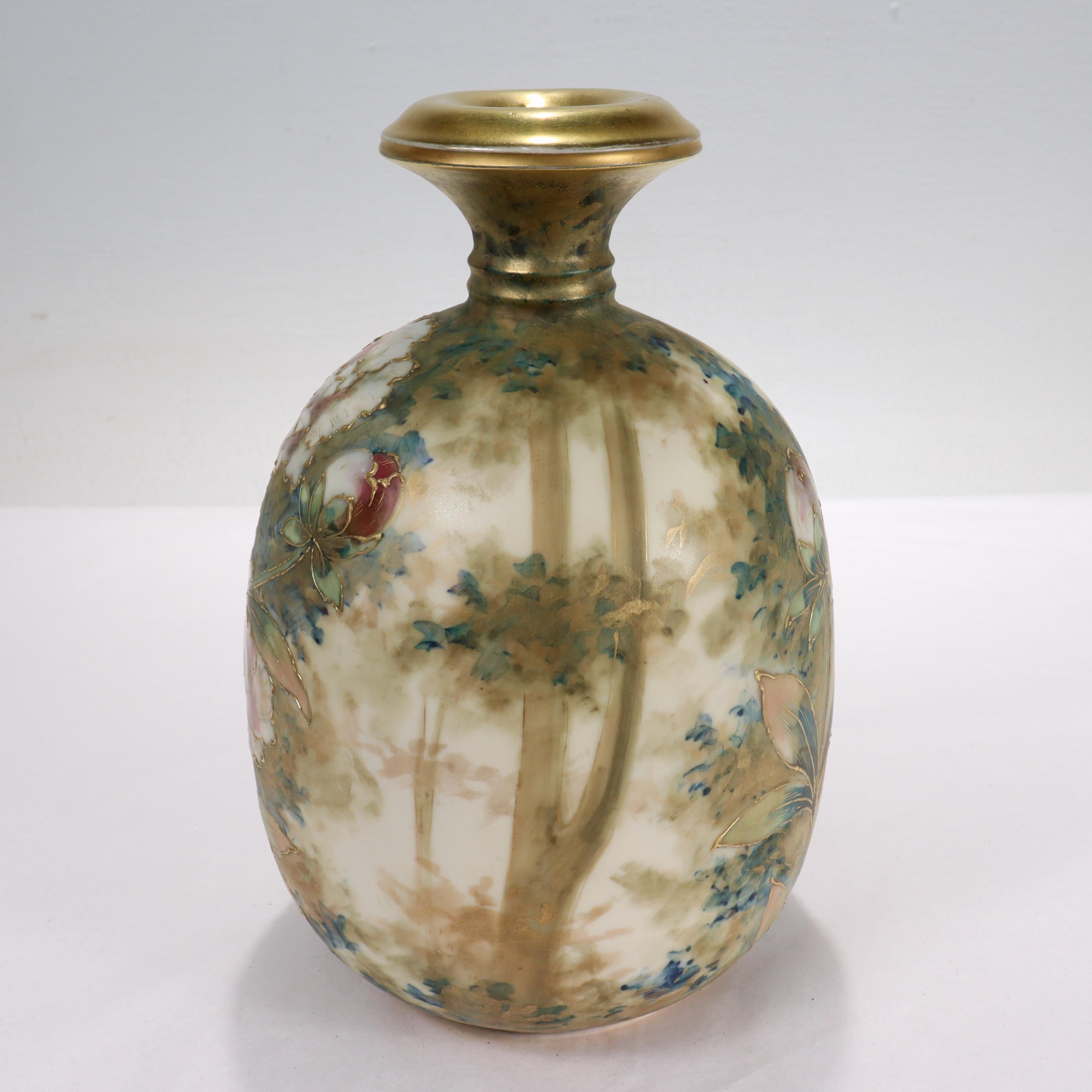 Antique Art Nouveau Amphora Pottery Vase with Matte & Enamel Peony Flowers For Sale 2