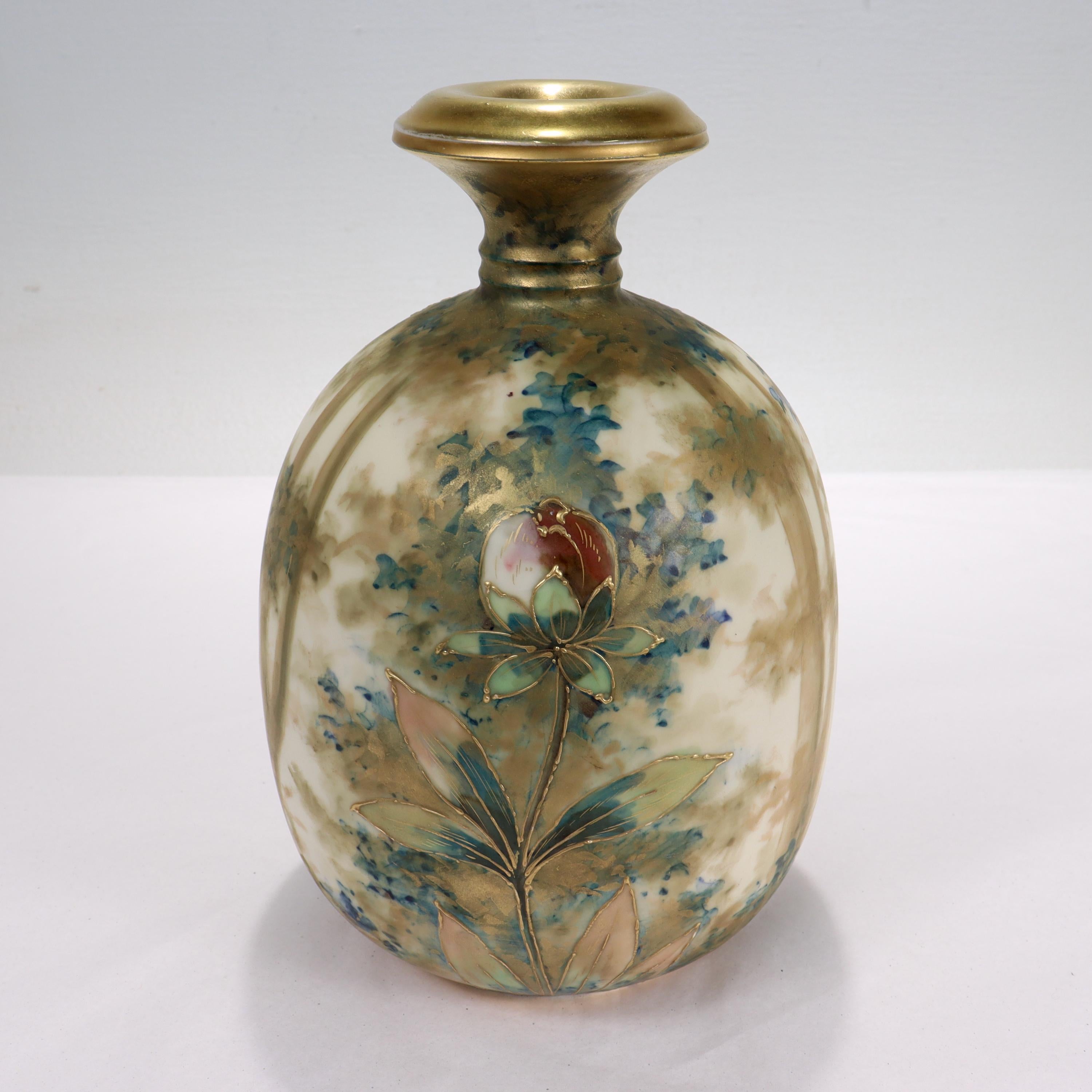 Antique Art Nouveau Amphora Pottery Vase with Matte & Enamel Peony Flowers For Sale 4