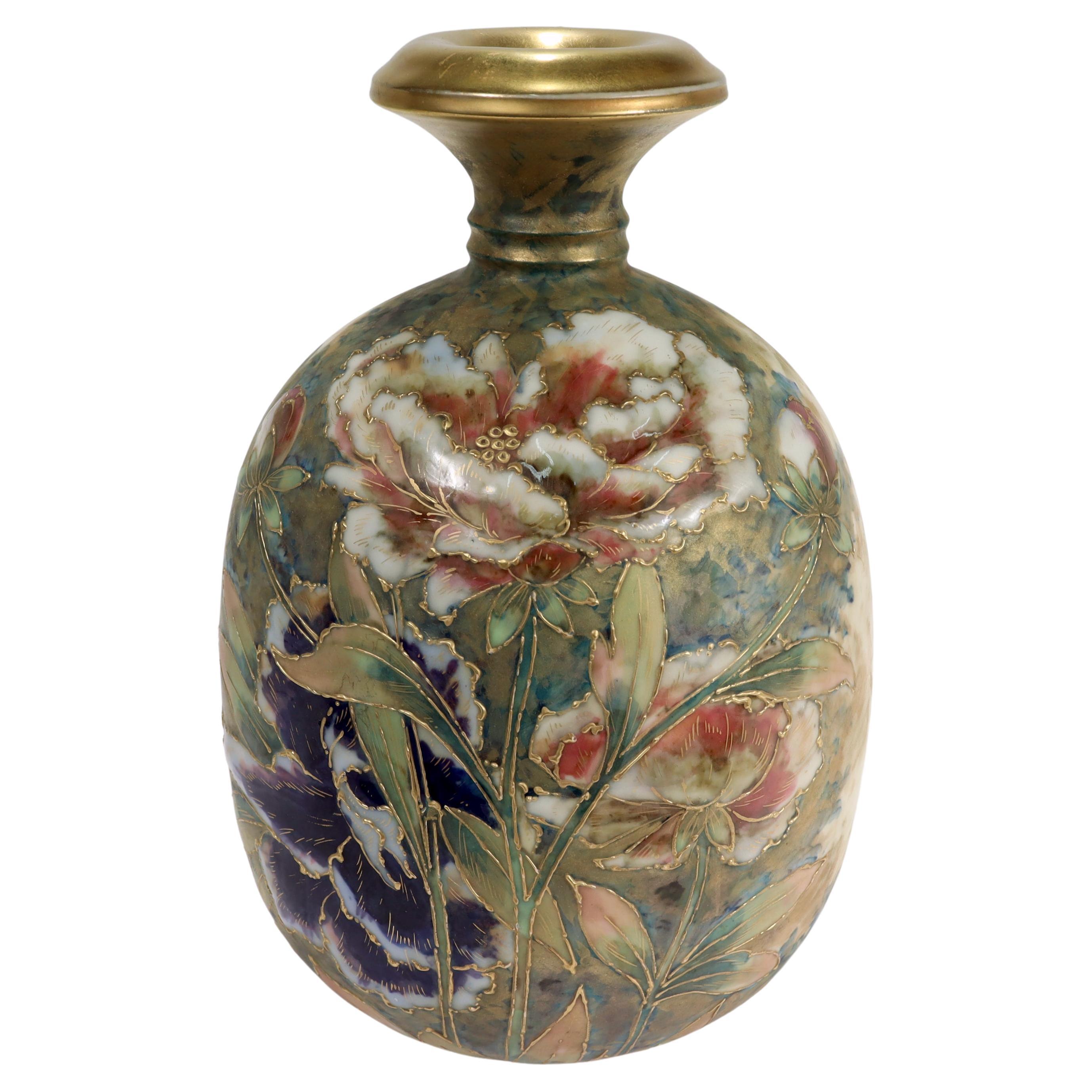 Antique Art Nouveau Amphora Pottery Vase with Matte & Enamel Peony Flowers For Sale