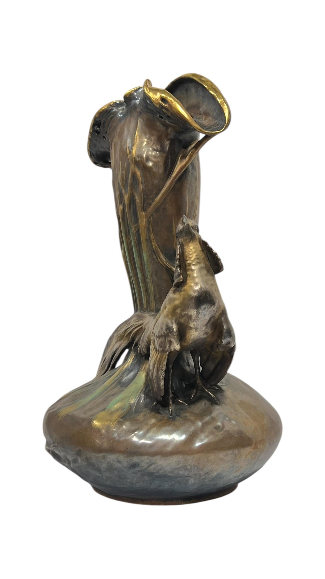 Czech Antique Art Nouveau Amphora Vase Depicting Pheasant For Sale