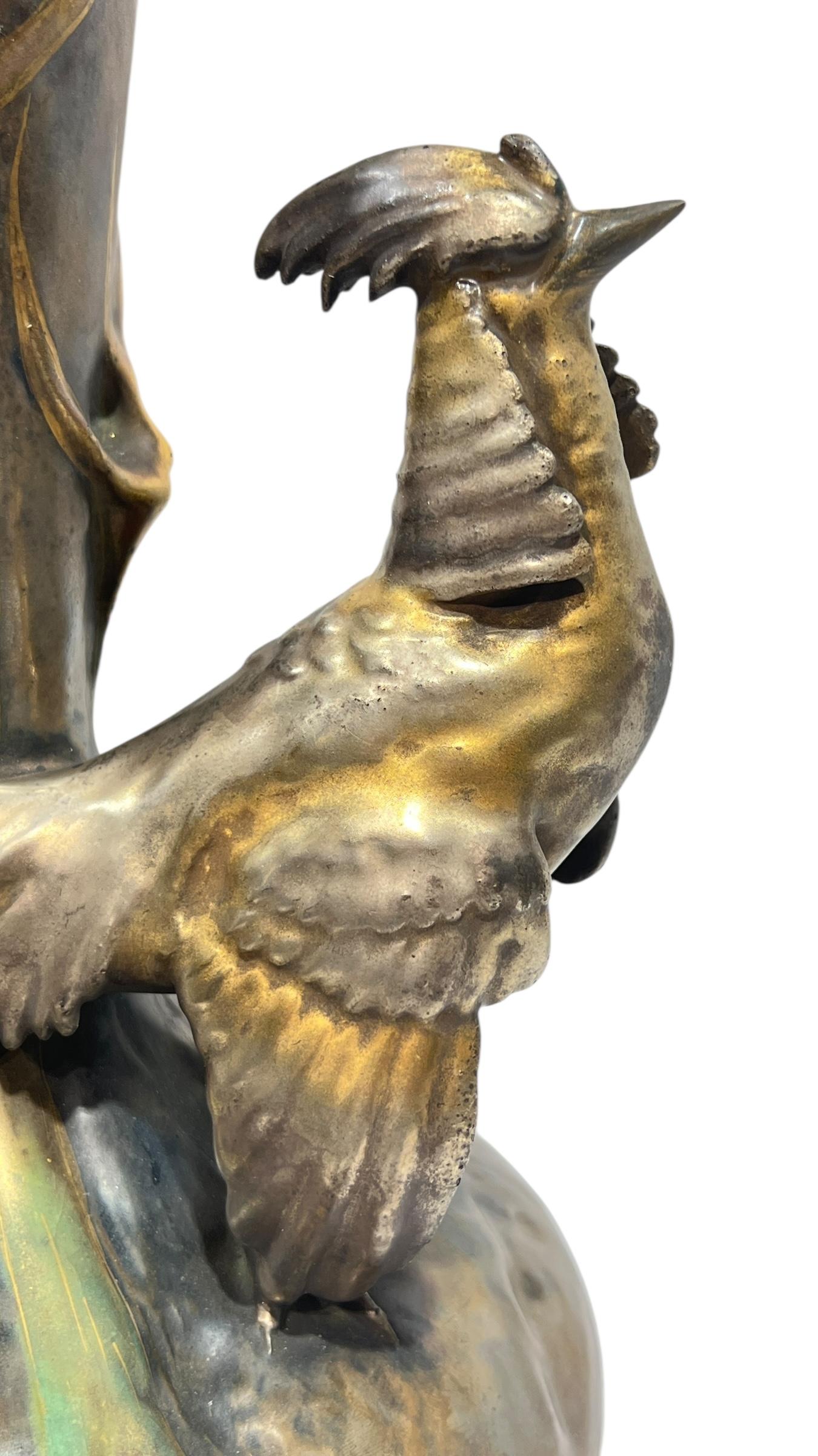 Glazed Antique Art Nouveau Amphora Vase Depicting Pheasant For Sale