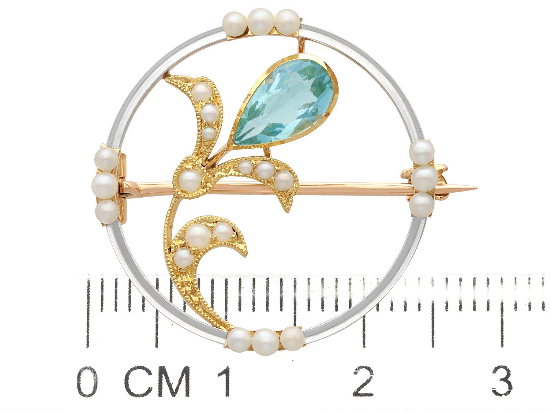 Antique Art Nouveau Aquamarine and Pearl Yellow Gold Brooch For Sale 1