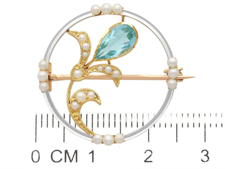 Antique Art Nouveau Aquamarine and Pearl Yellow Gold Brooch For Sale 2