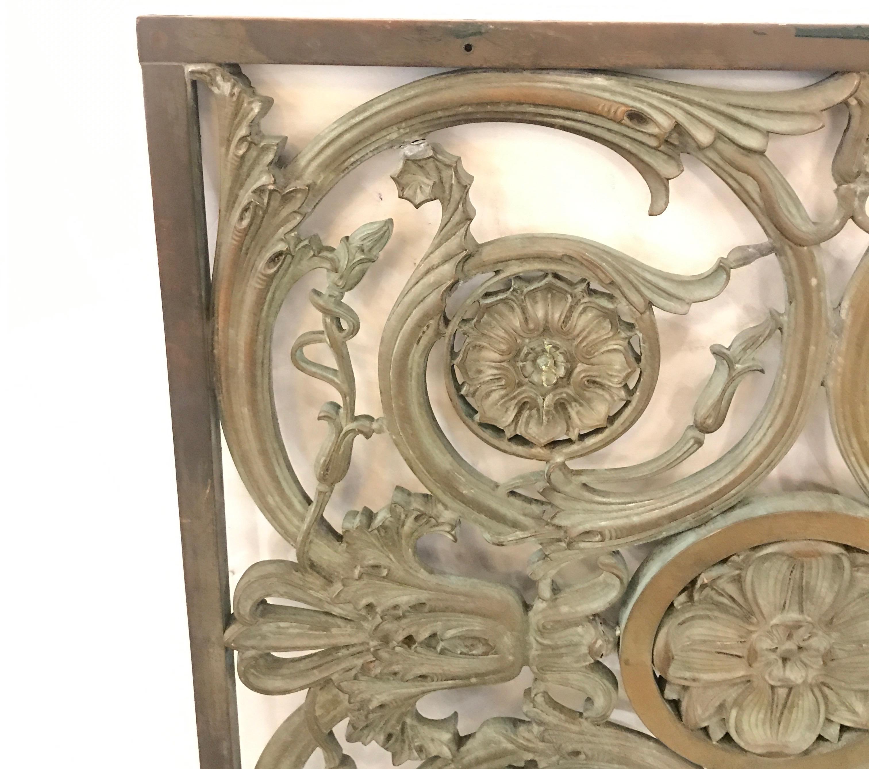 Elegantly cast and great detail with an original weathered finish. The decorative panel measures: 25 by 25 with the frame around measuring 35 inches tall.
