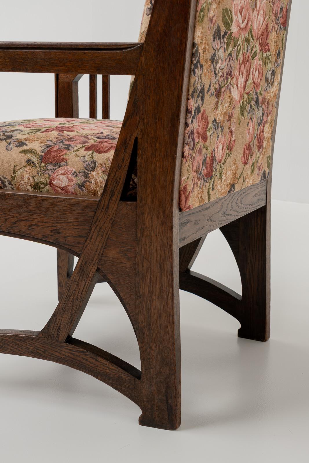 Wood Antique Art Nouveau Armchair in Solid Oak and Floral Upholstery, Belgium ca 1900 For Sale