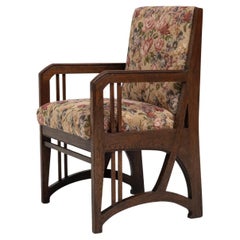 Antique Art Nouveau Armchair in Solid Oak and Floral Upholstery, Belgium ca 1900