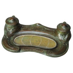 Antique Art Nouveau Art Glass & Bronze Inkwell After Tiffany, 20th C